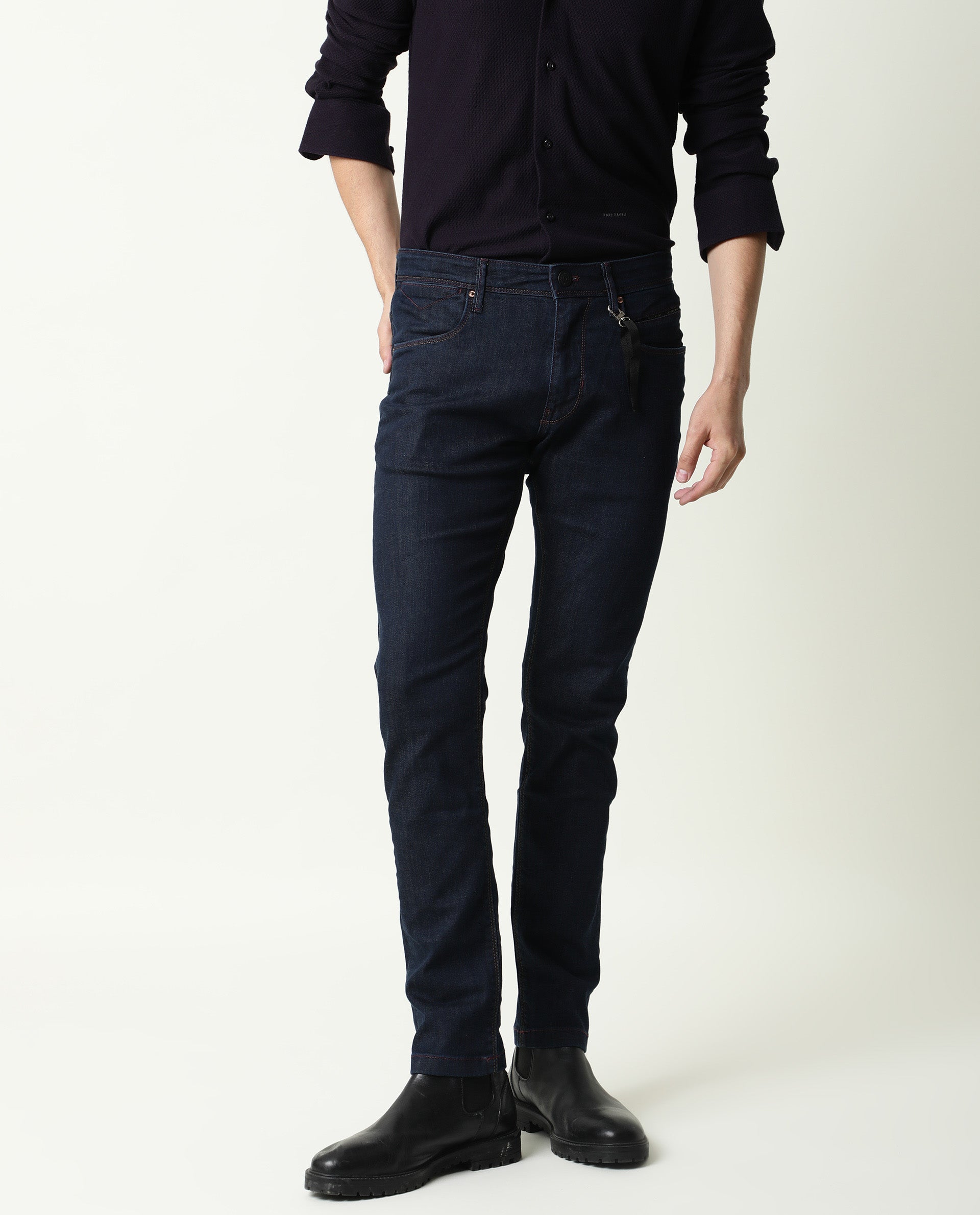Rare Rabbit Men's Dratt-2 Navy Cotton Plain Hawk Slim Fit Jeans