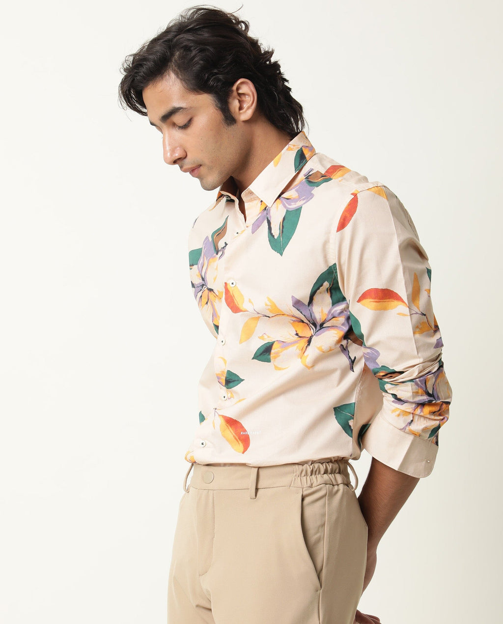 Rare Rabbit Men's Lilium Beige Cotton Floral Print Tailored Fit Full Sleeve Collared Shirt