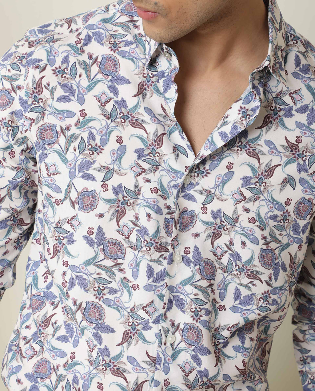 Rare Rabbit Men's Lambos White Cotton Printed Regular Fit Full Sleeve Collared Shirt
