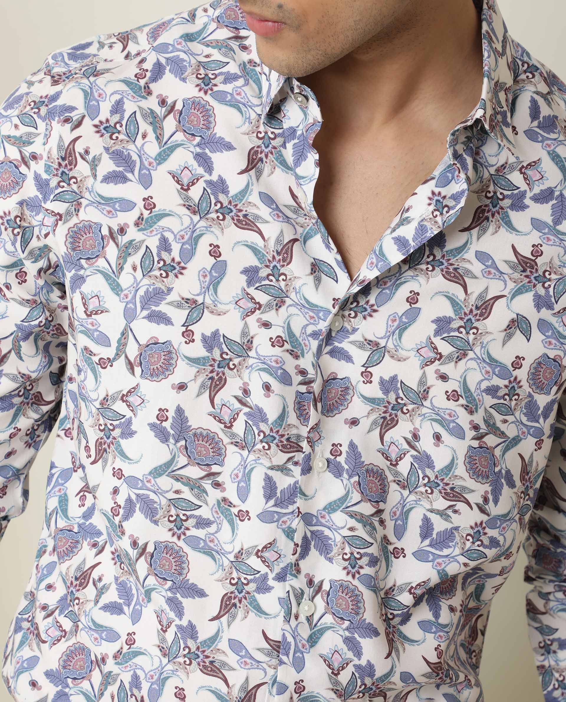 Rare Rabbit Men's Lambos White Cotton Printed Regular Fit Full Sleeve Collared Shirt