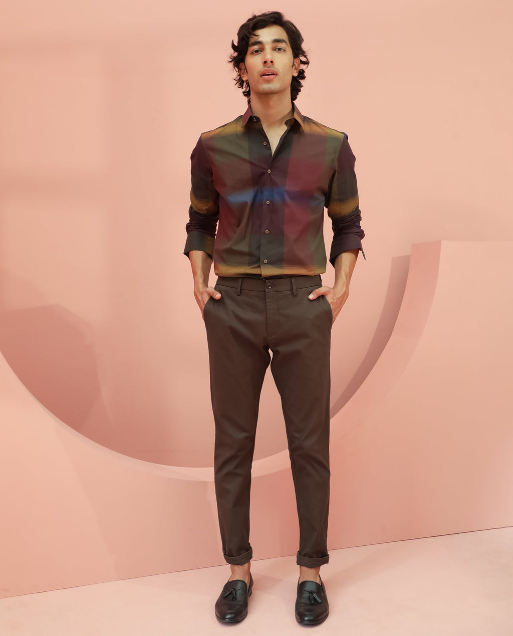 Rare Rabbit Men's Trewen Maroon Cotton Checked Print Regular Fit Full Sleeve Spread Collar Shirt