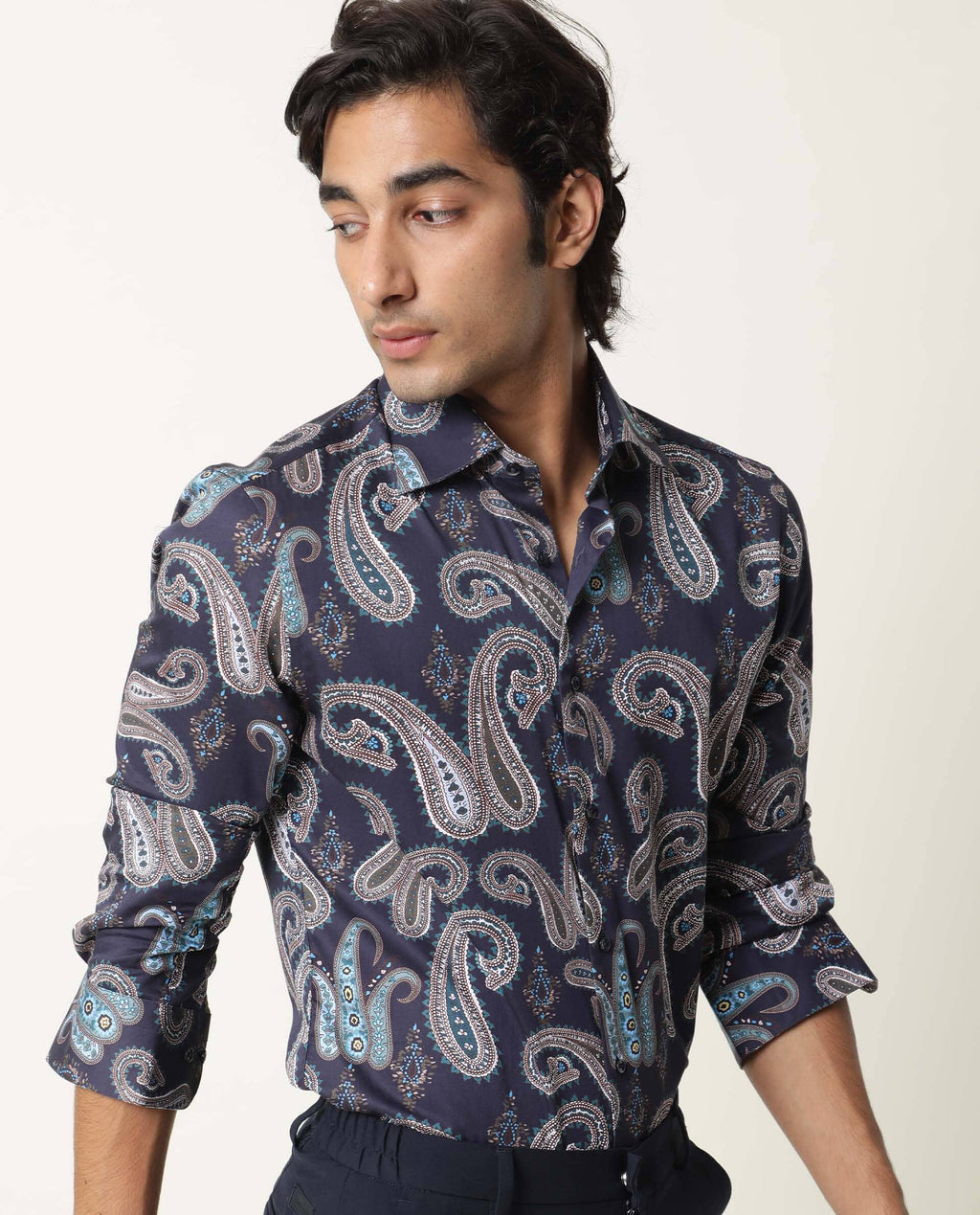 Rare Rabbit Men's Pazzo Navy Cotton Paisley Print Tailored Fit Full Sleeve Spread Collar Shirt