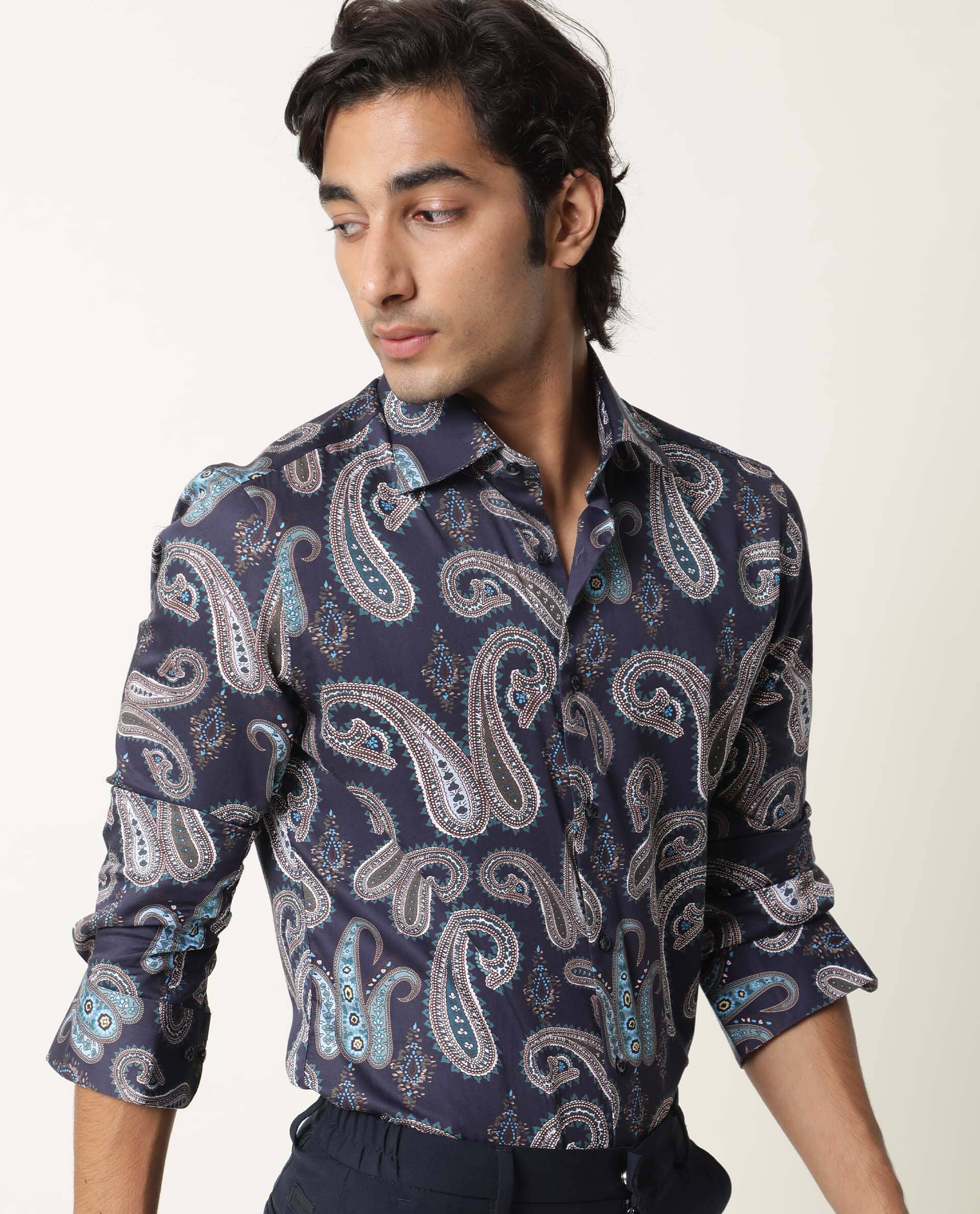 Rare Rabbit Men's Pazzo Navy Cotton Paisley Print Tailored Fit Full Sleeve Spread Collar Shirt