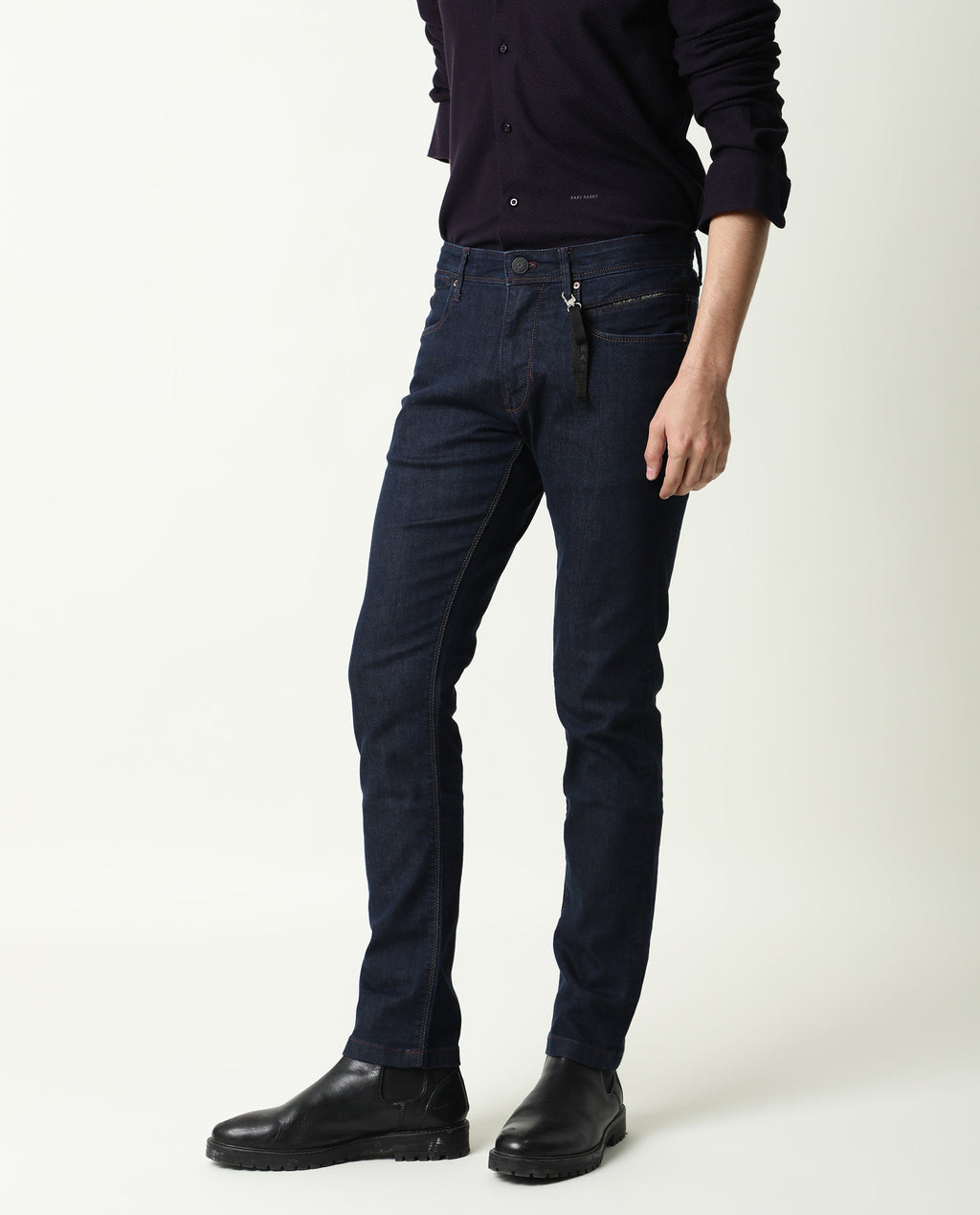 Rare Rabbit Men's Dratt-2 Navy Cotton Plain Hawk Slim Fit Jeans