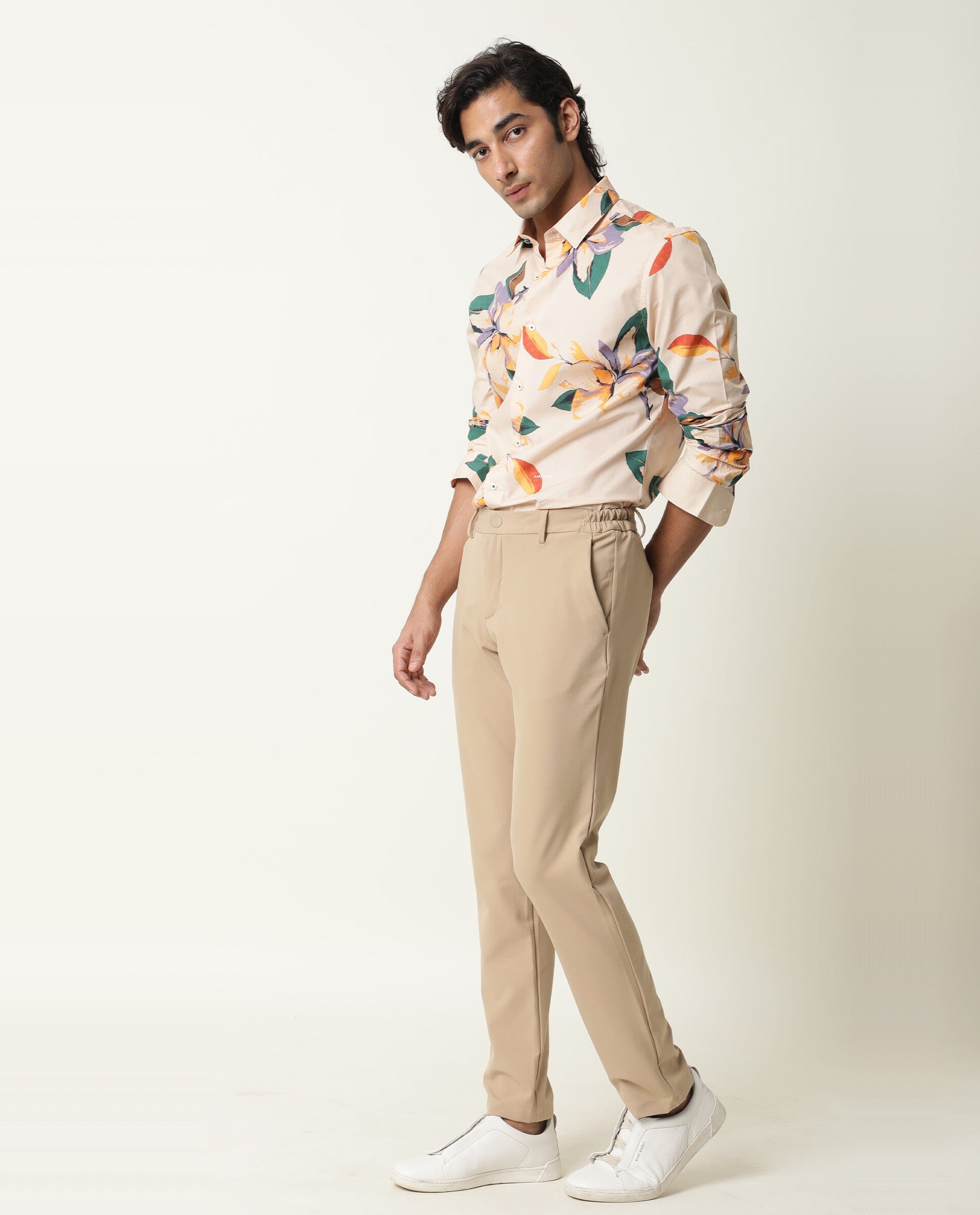 Rare Rabbit Men's Lilium Beige Cotton Floral Print Tailored Fit Full Sleeve Collared Shirt