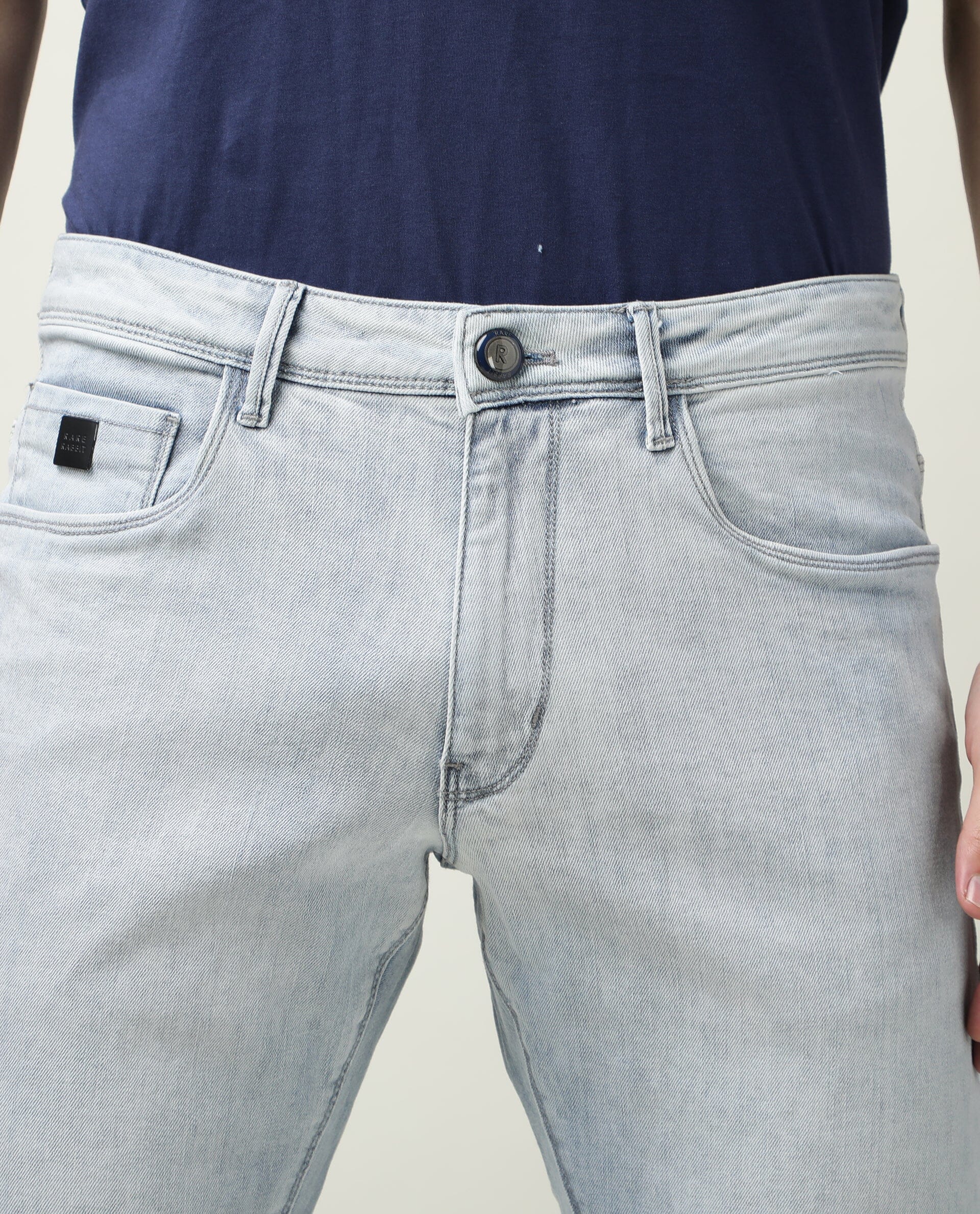 Rare Rabbit Men's Dallas Blue Cotton Plain Hawk Slim Fit Jeans