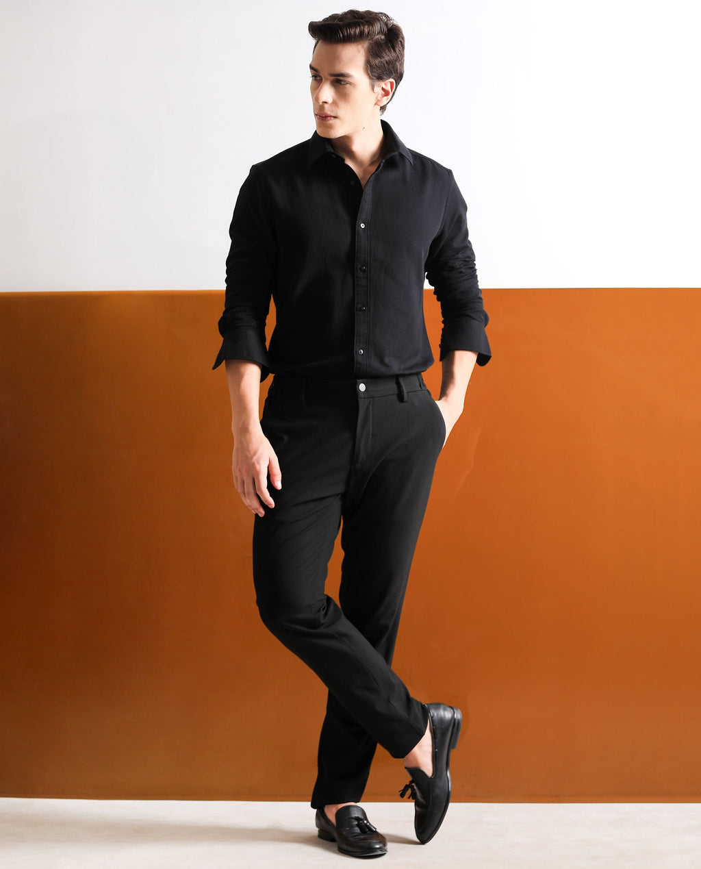 Rare Rabbit Men's Otago Black Cotton Plain Regular Fit Full Sleeve Collared Shirt