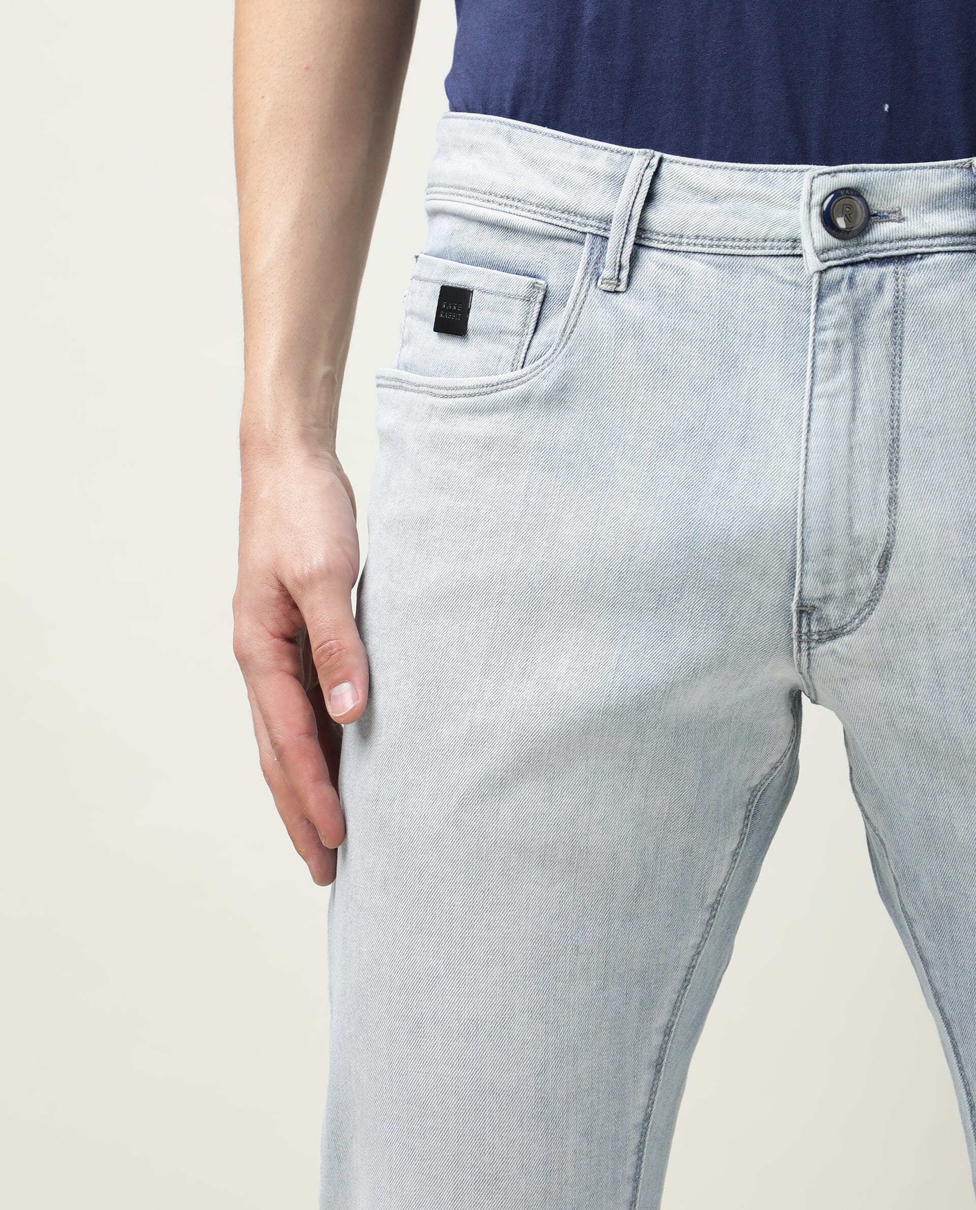 Rare Rabbit Men's Dallas Blue Cotton Plain Hawk Slim Fit Jeans