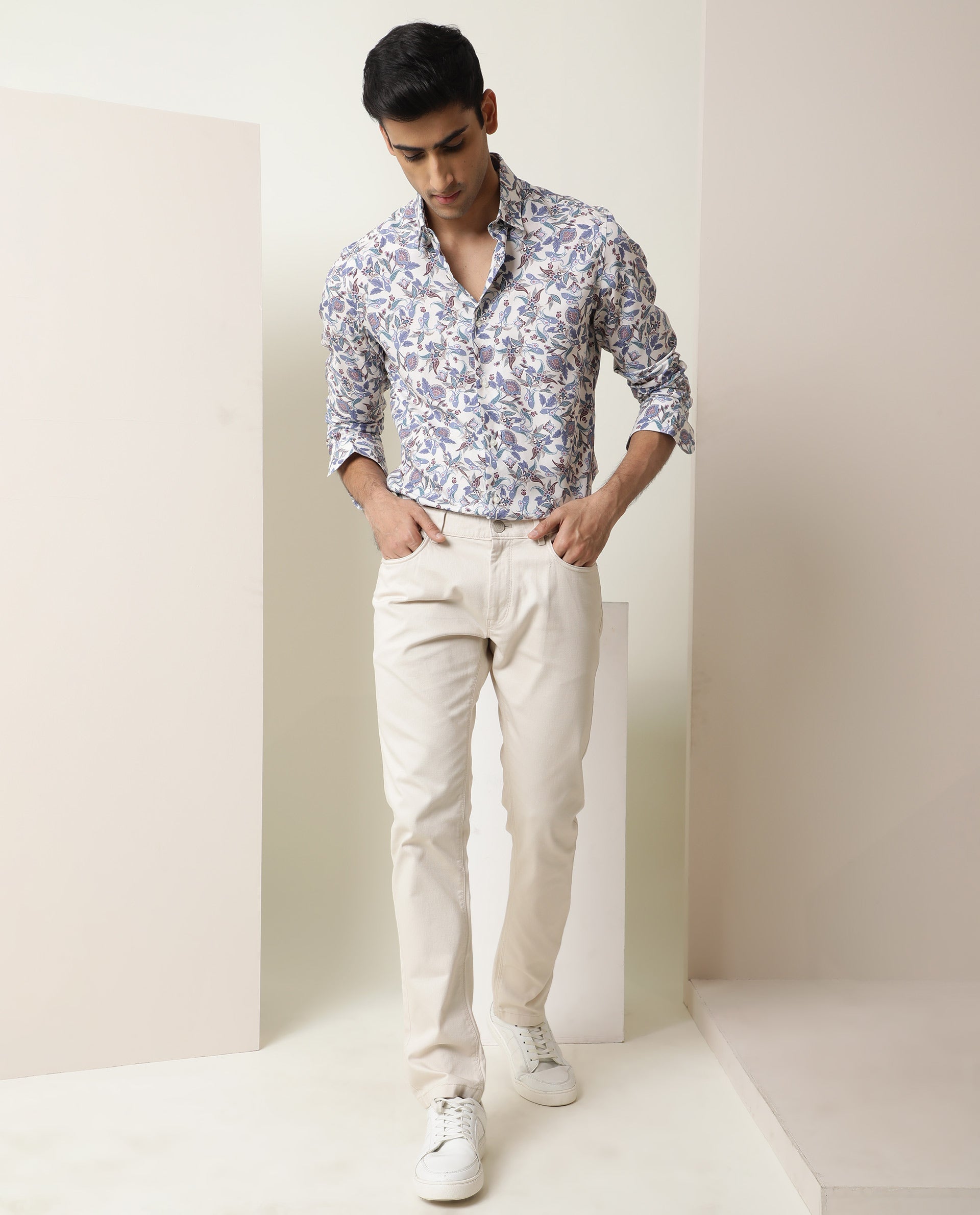 Rare Rabbit Men's Lambos White Cotton Printed Regular Fit Full Sleeve Collared Shirt