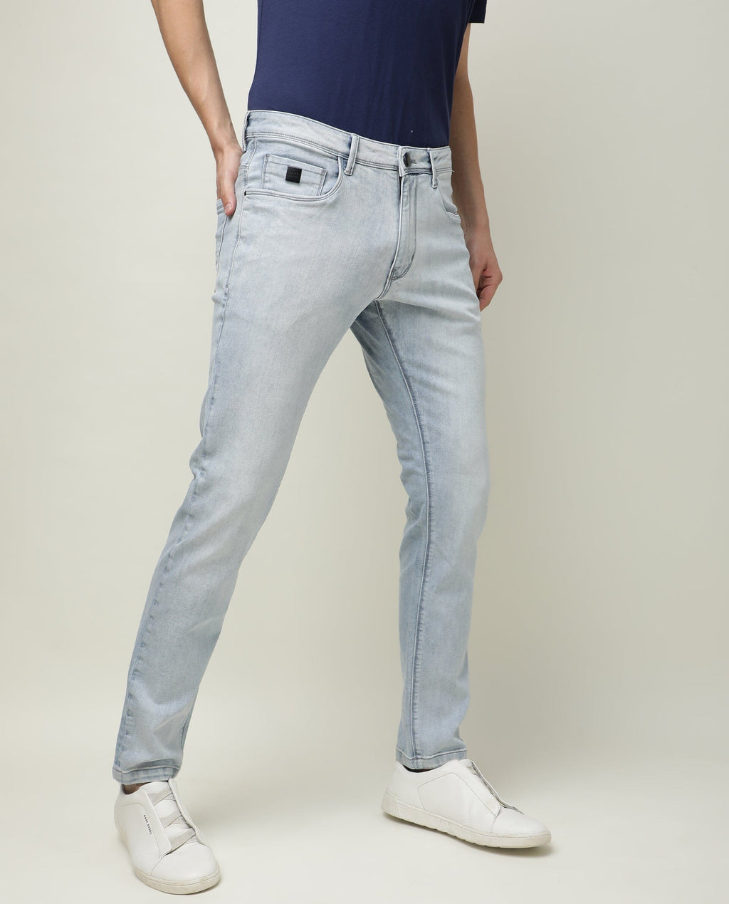 Rare Rabbit Men's Dallas Blue Cotton Plain Hawk Slim Fit Jeans