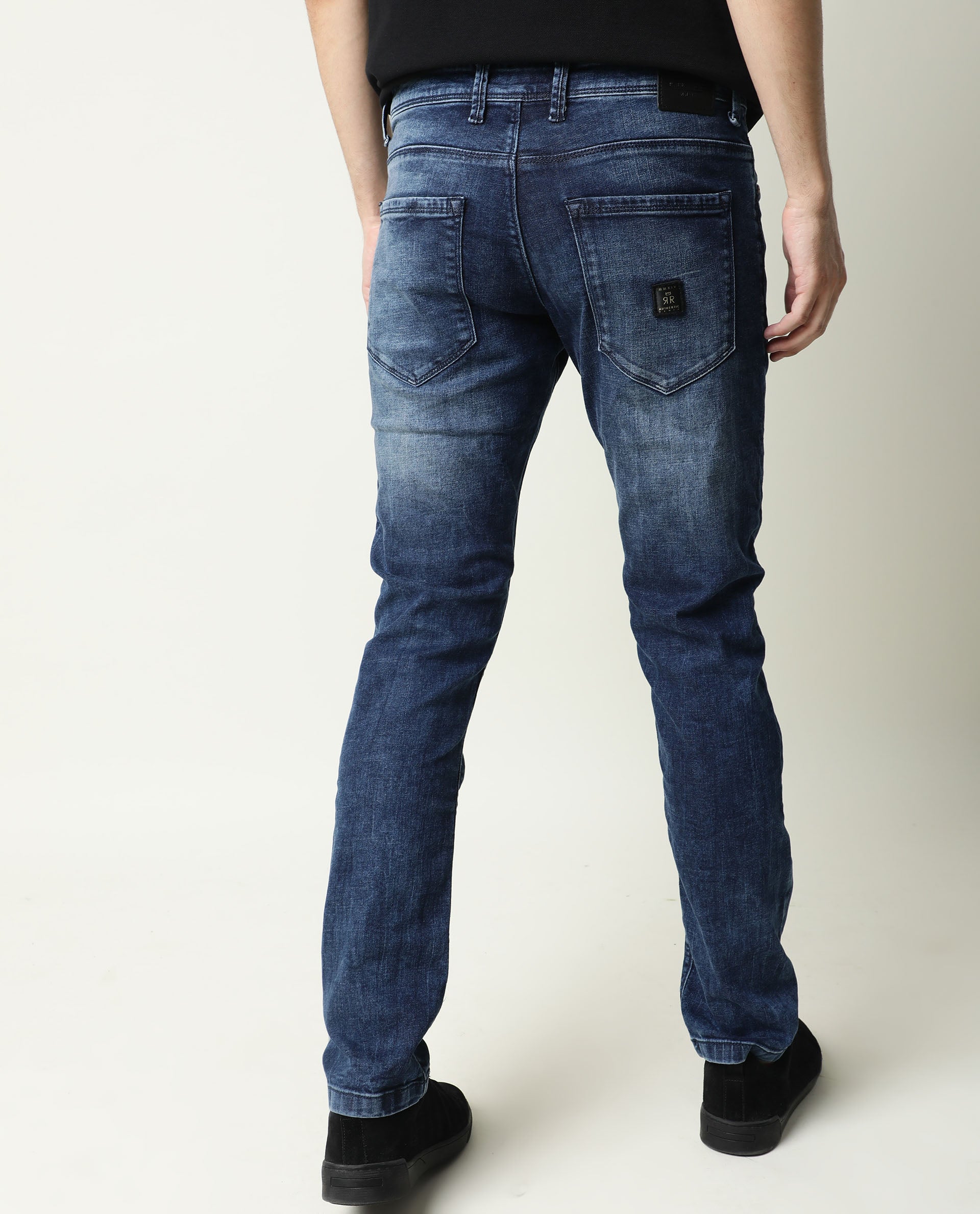 Rare Rabbit Men's Cube Blue Cotton Plain Hawk Slim Fit Jeans