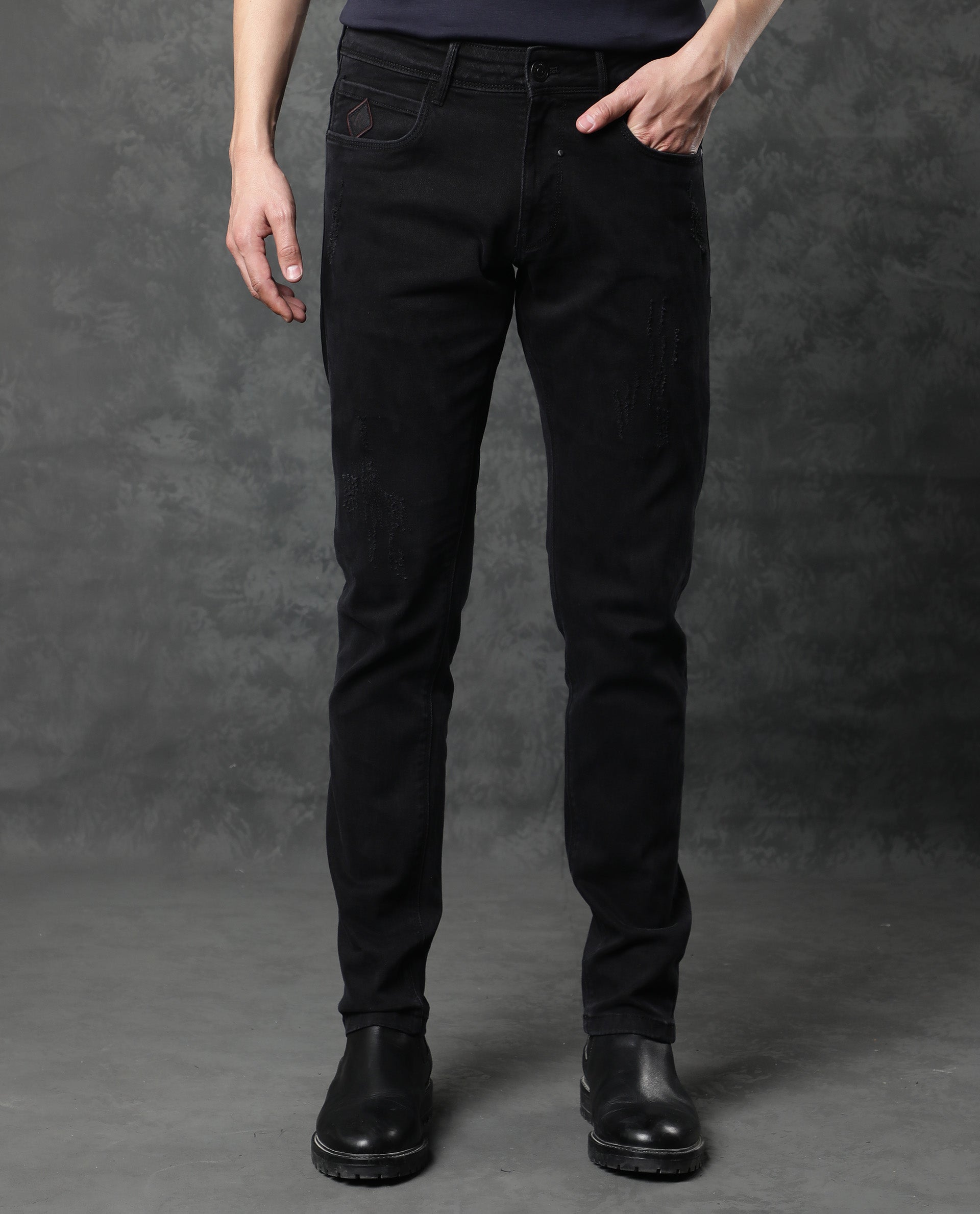 Rare Rabbit Men's Astra Black Cotton Plain Hawk Slim Fit Jeans