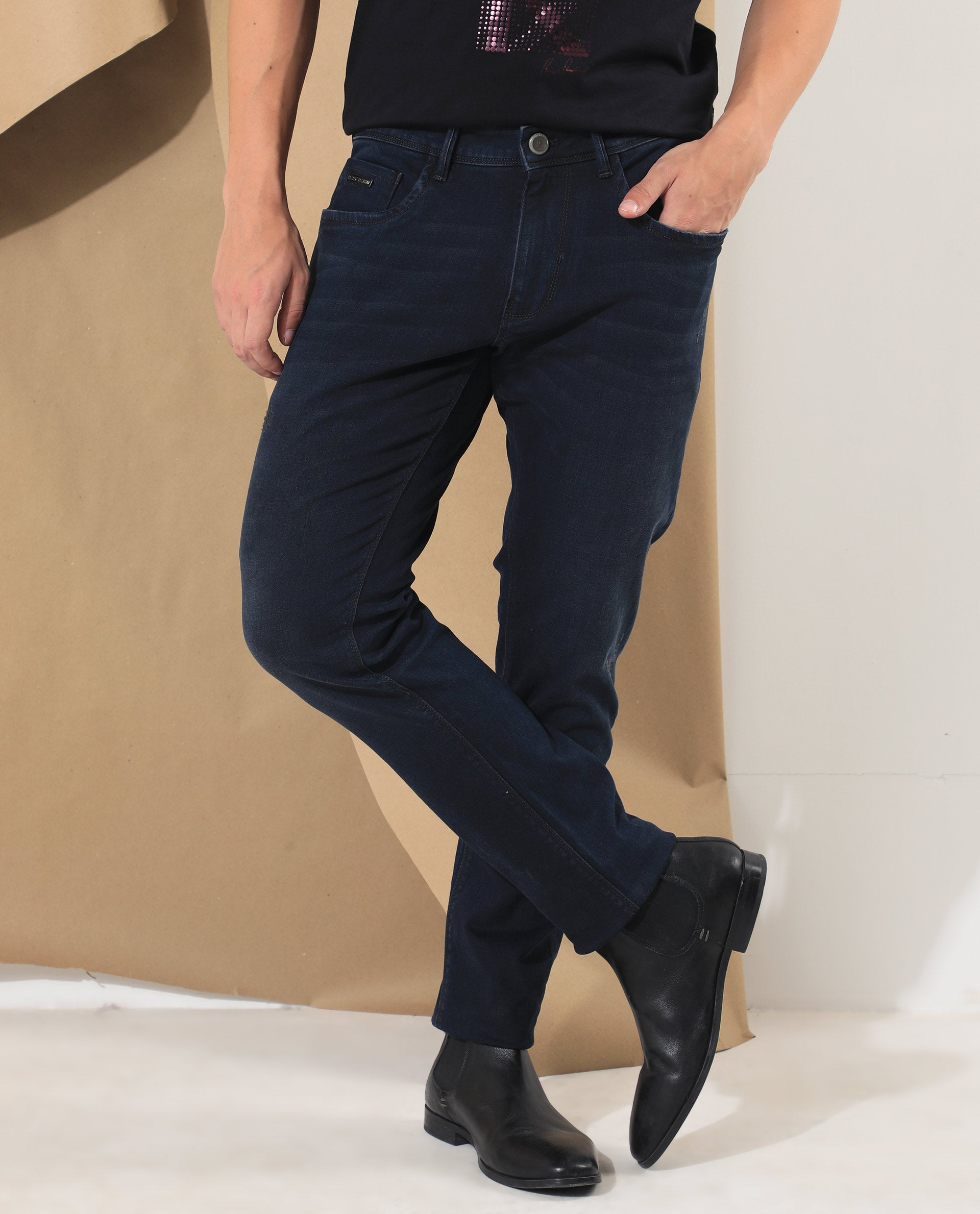 Rare Rabbit Men's Bray Blue Cotton Plain Hawk Slim Fit Jeans