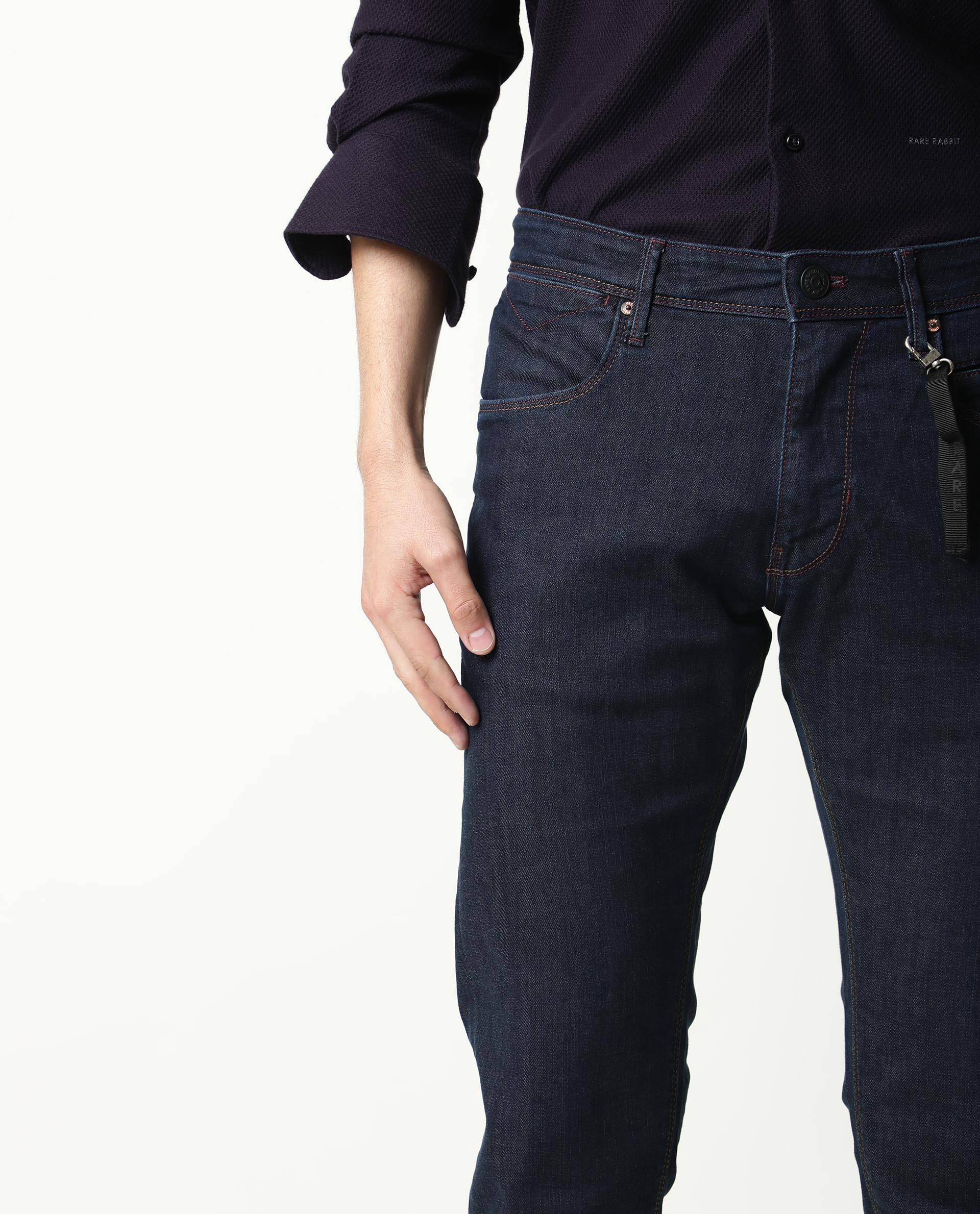 Rare Rabbit Men's Dratt-2 Navy Cotton Plain Hawk Slim Fit Jeans