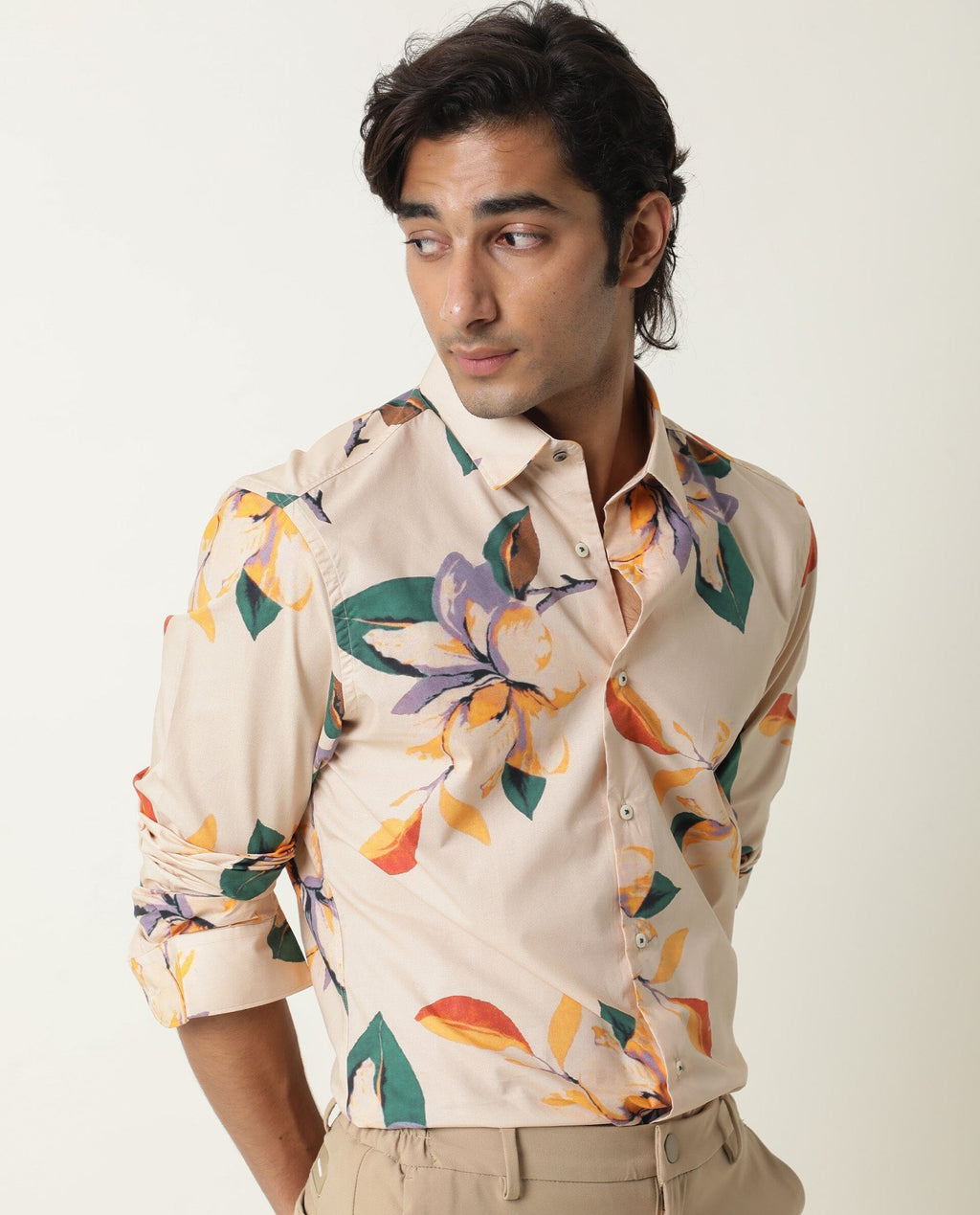 Rare Rabbit Men's Lilium Beige Cotton Floral Print Tailored Fit Full Sleeve Collared Shirt
