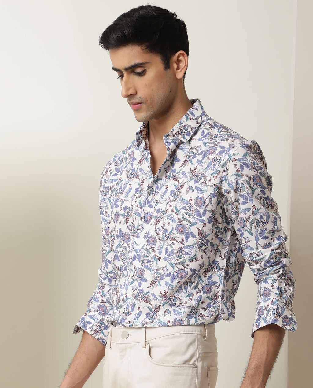 Rare Rabbit Men's Lambos White Cotton Printed Regular Fit Full Sleeve Collared Shirt