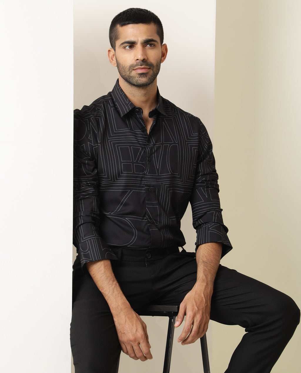 Rare Rabbit Men's Malfor Black Viscose Statement Print Regular Fit Full Sleeve Collared Shirt