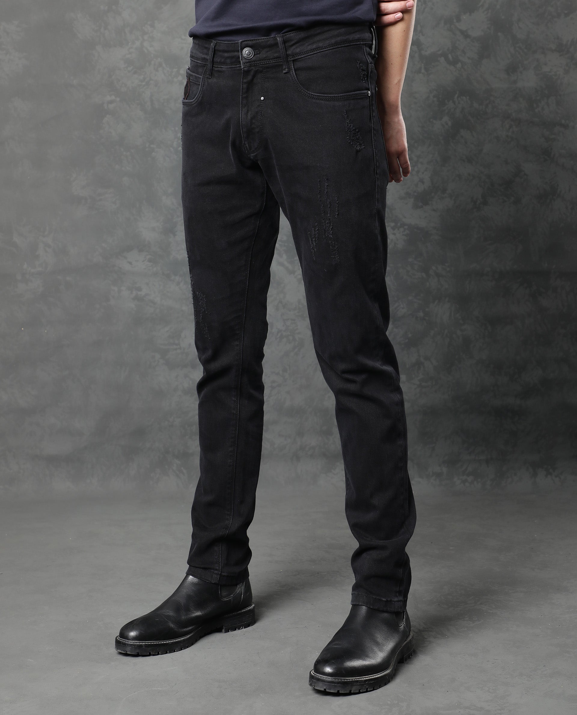 Rare Rabbit Men's Astra Black Cotton Plain Hawk Slim Fit Jeans