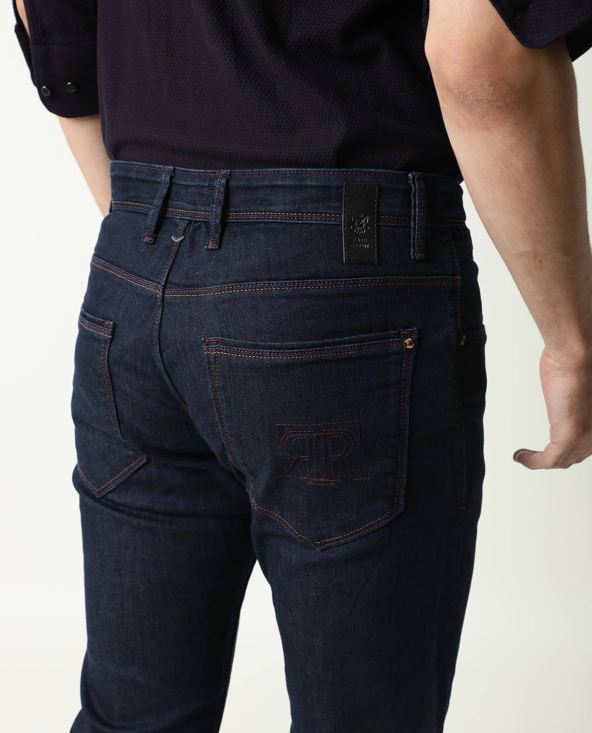 Rare Rabbit Men's Dratt-2 Navy Cotton Plain Hawk Slim Fit Jeans