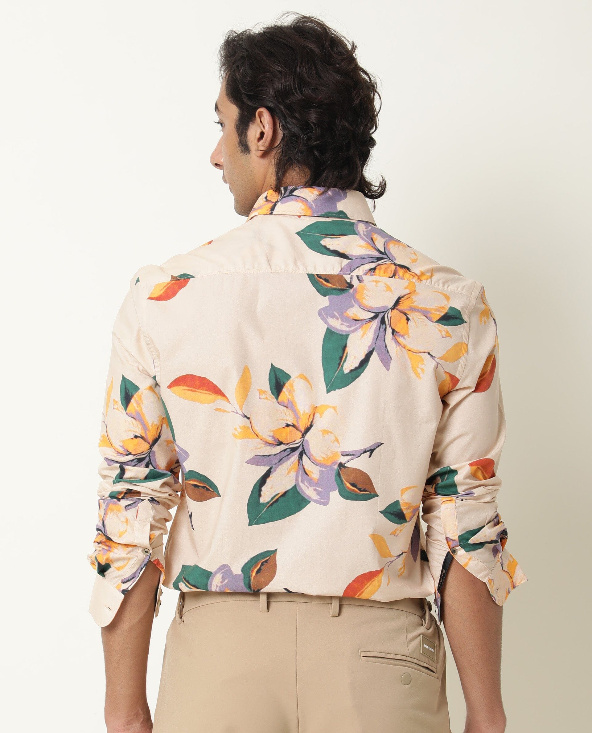 Rare Rabbit Men's Lilium Beige Cotton Floral Print Tailored Fit Full Sleeve Collared Shirt