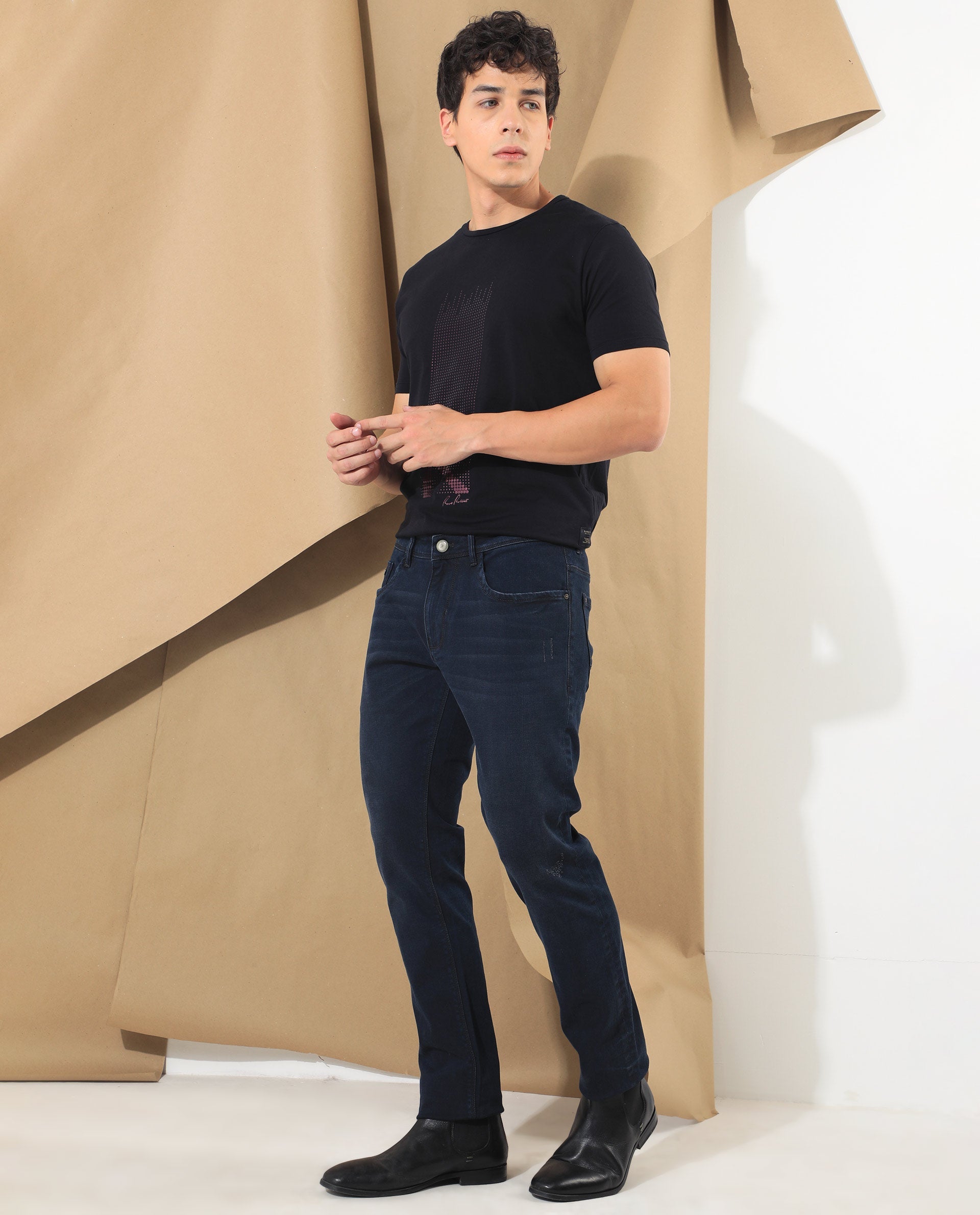 Rare Rabbit Men's Bray Blue Cotton Plain Hawk Slim Fit Jeans