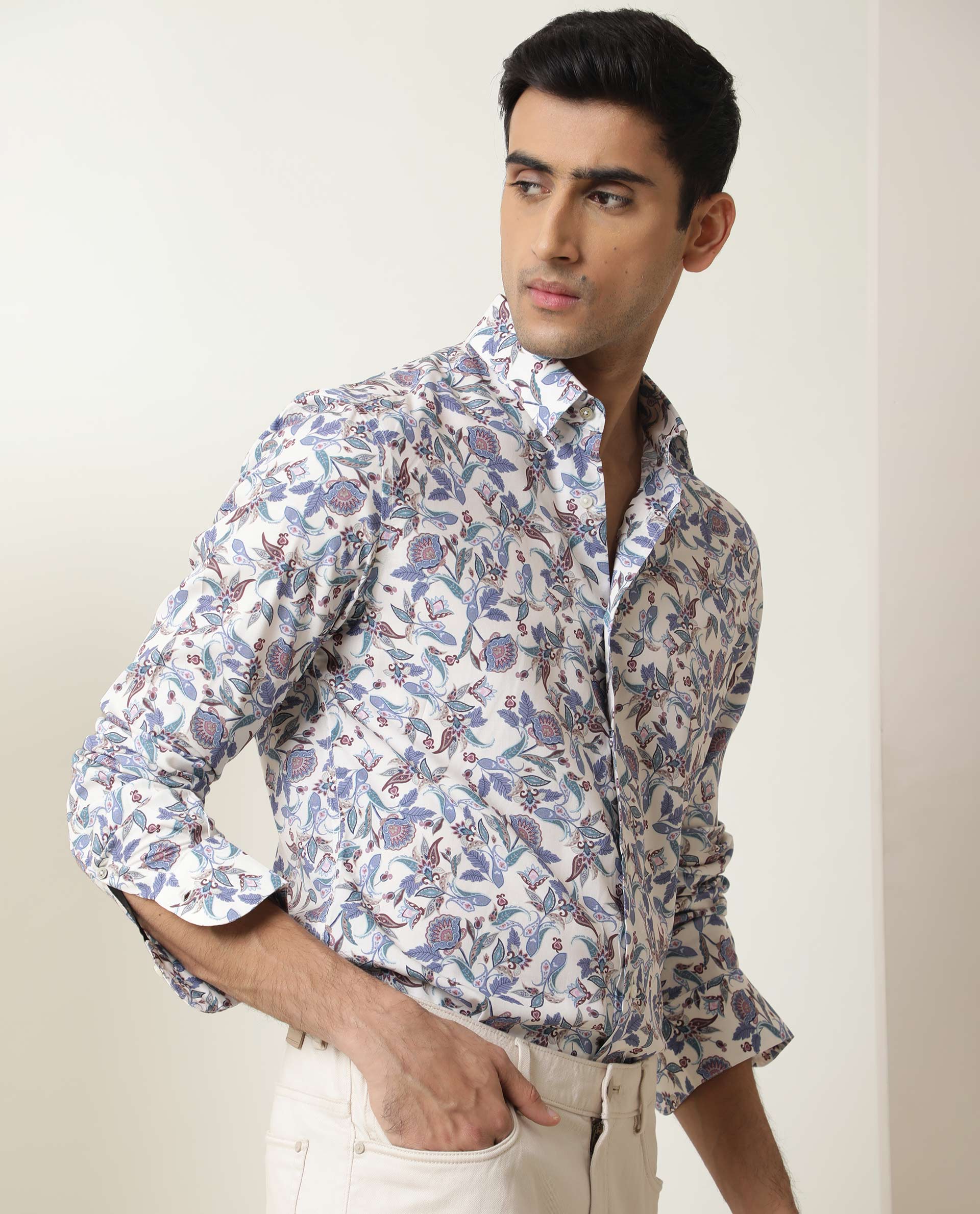 Rare Rabbit Men's Lambos White Cotton Printed Regular Fit Full Sleeve Collared Shirt