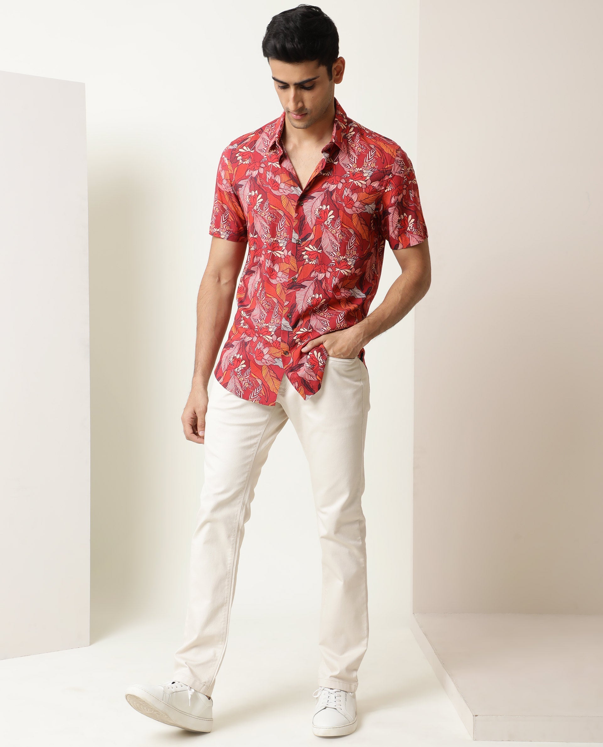 Rare Rabbit Men's Sinq Red Viscose Floral Print Regular Fit Half Sleeve Collared Shirt