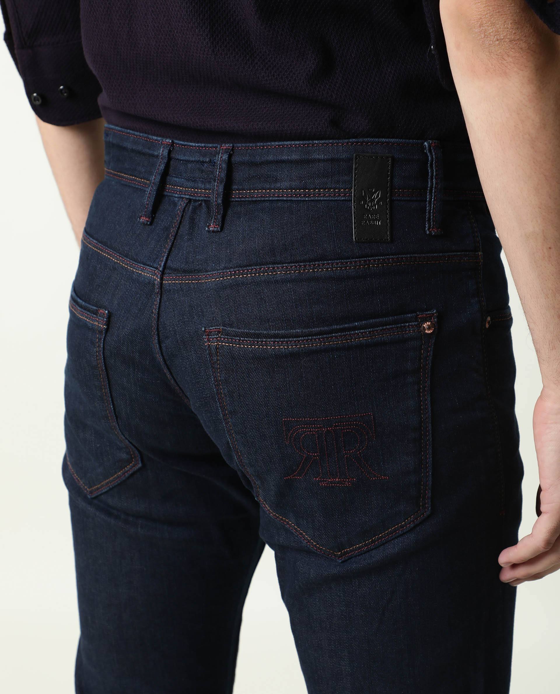 Rare Rabbit Men's Dratt-2 Navy Cotton Plain Hawk Slim Fit Jeans