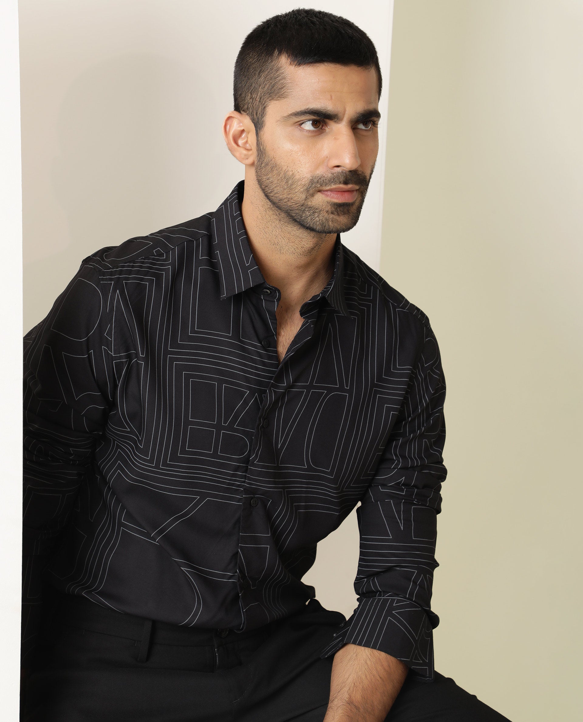 Rare Rabbit Men's Malfor Black Viscose Statement Print Regular Fit Full Sleeve Collared Shirt