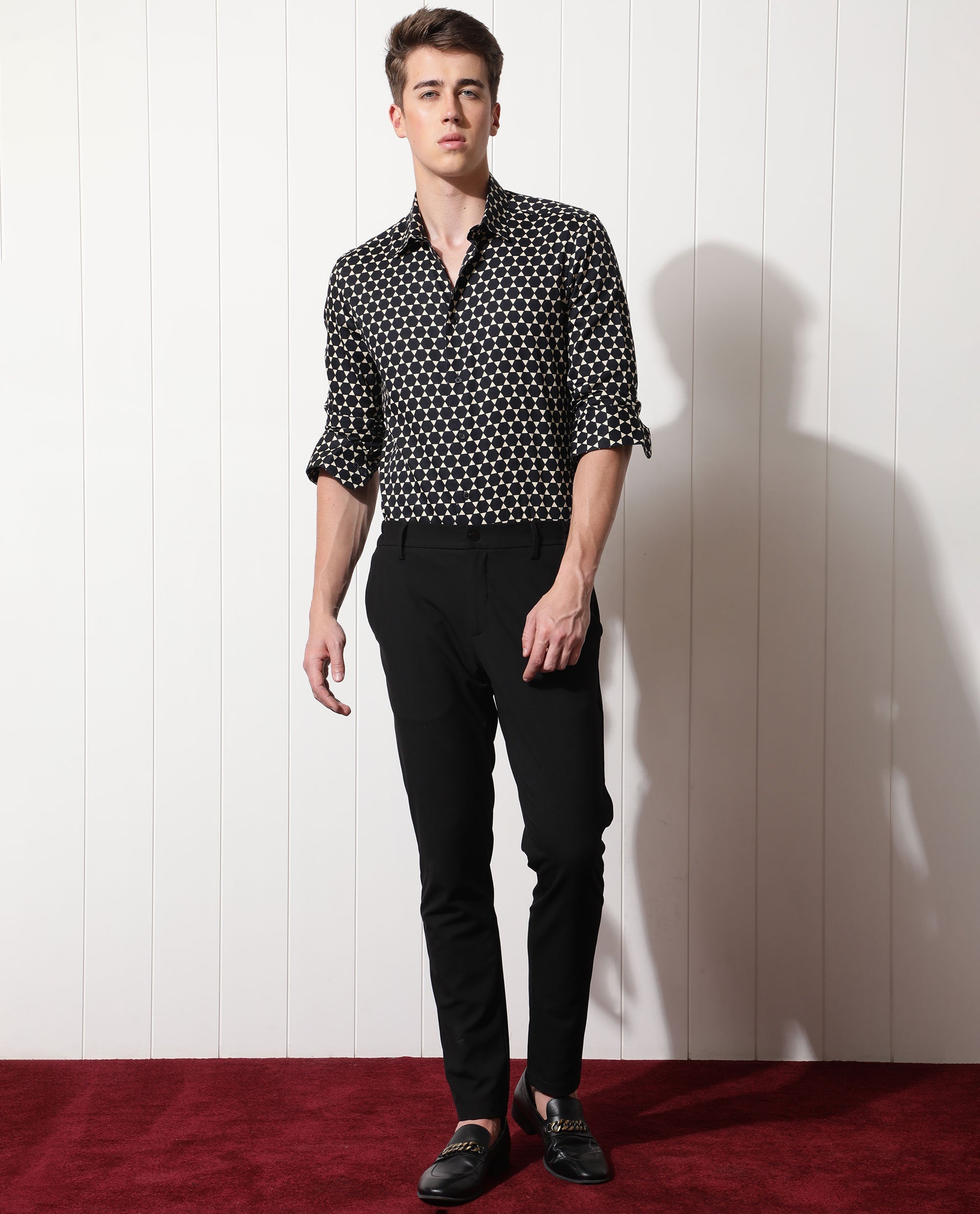 Rare Rabbit Men's Hexa Black Cotton Geometric Print Regular Fit Full Sleeve Collared Shirt