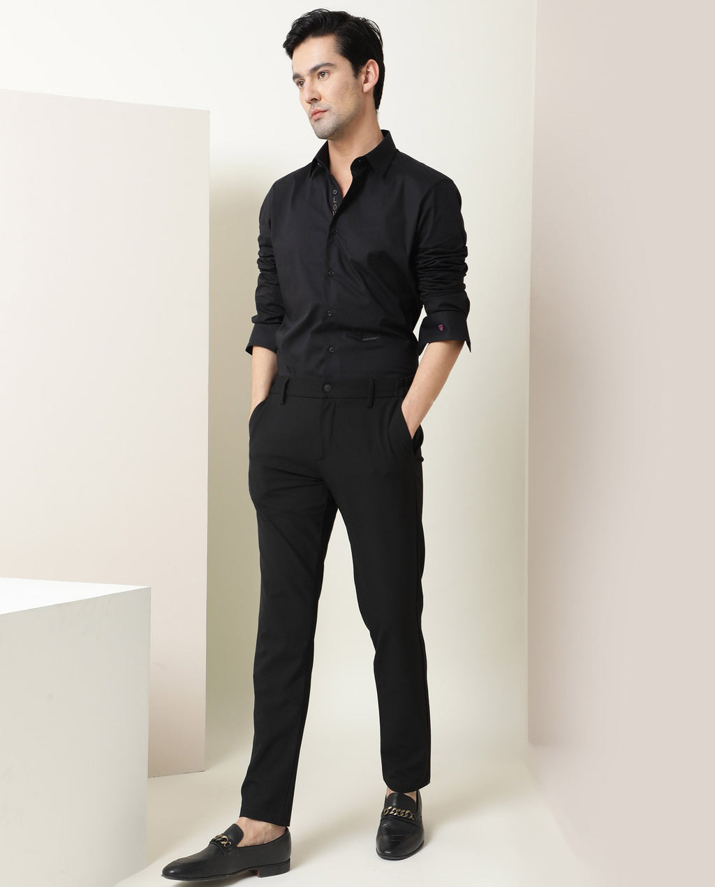 Rare Rabbit Men's I Love You Black Cotton Embroidered Regular Fit Full Sleeve Collared Shirt