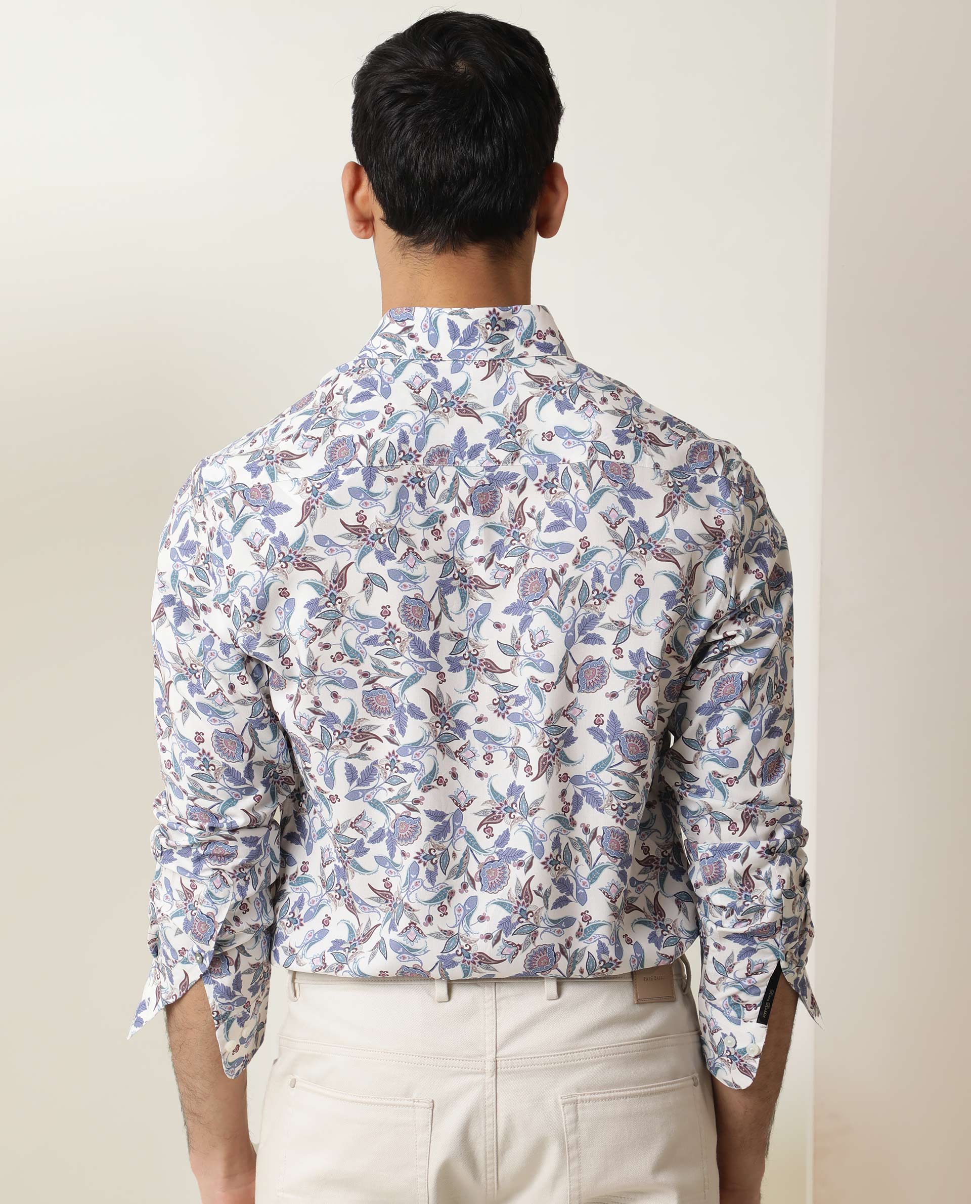 Rare Rabbit Men's Lambos White Cotton Printed Regular Fit Full Sleeve Collared Shirt