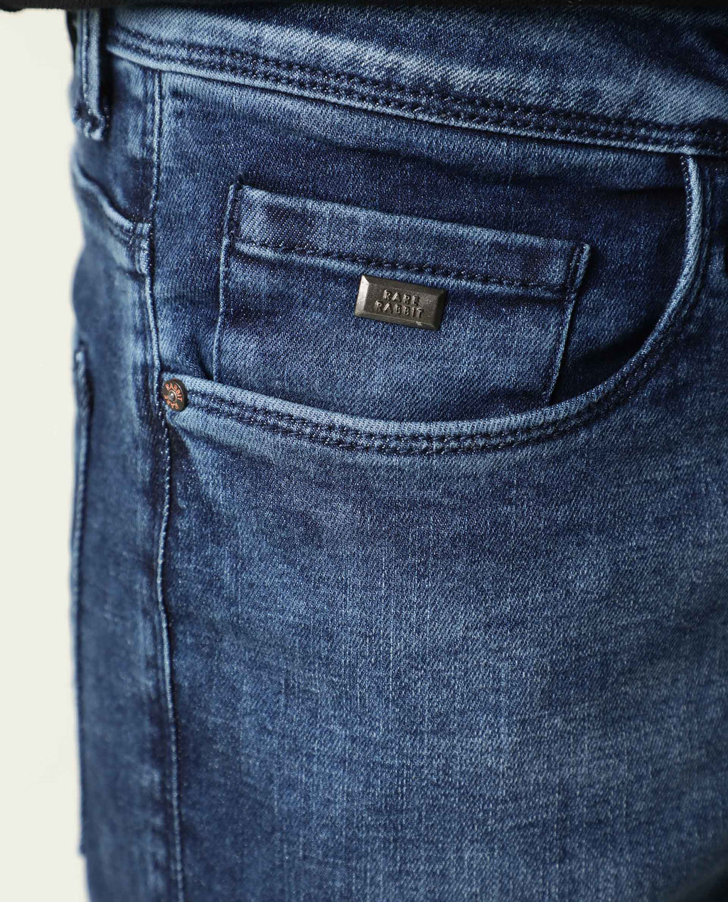 Rare Rabbit Men's Cube Blue Cotton Plain Hawk Slim Fit Jeans