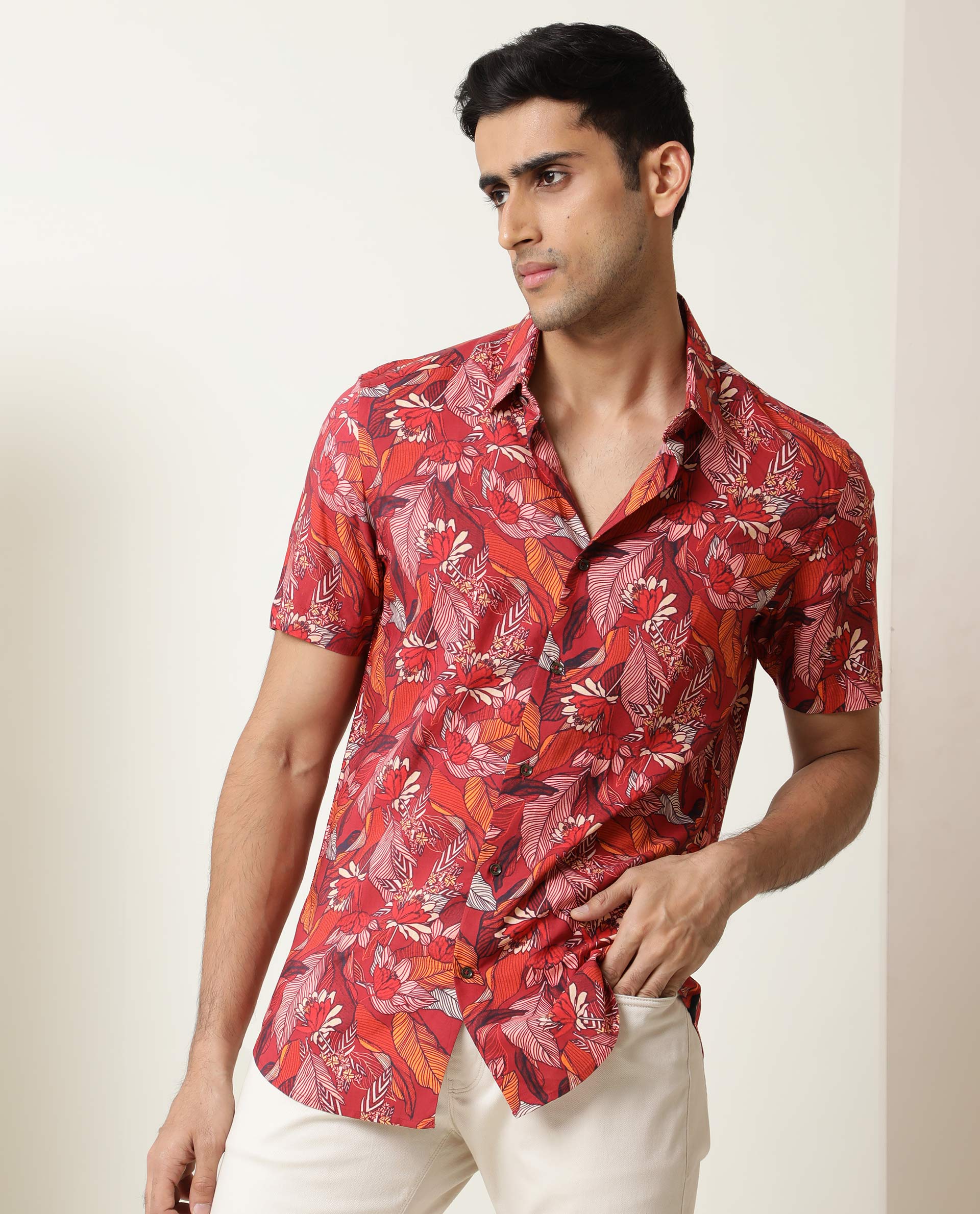 Rare Rabbit Men's Sinq Red Viscose Floral Print Regular Fit Half Sleeve Collared Shirt