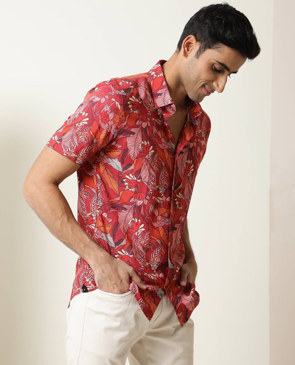 Rare Rabbit Men's Sinq Red Viscose Floral Print Regular Fit Half Sleeve Collared Shirt