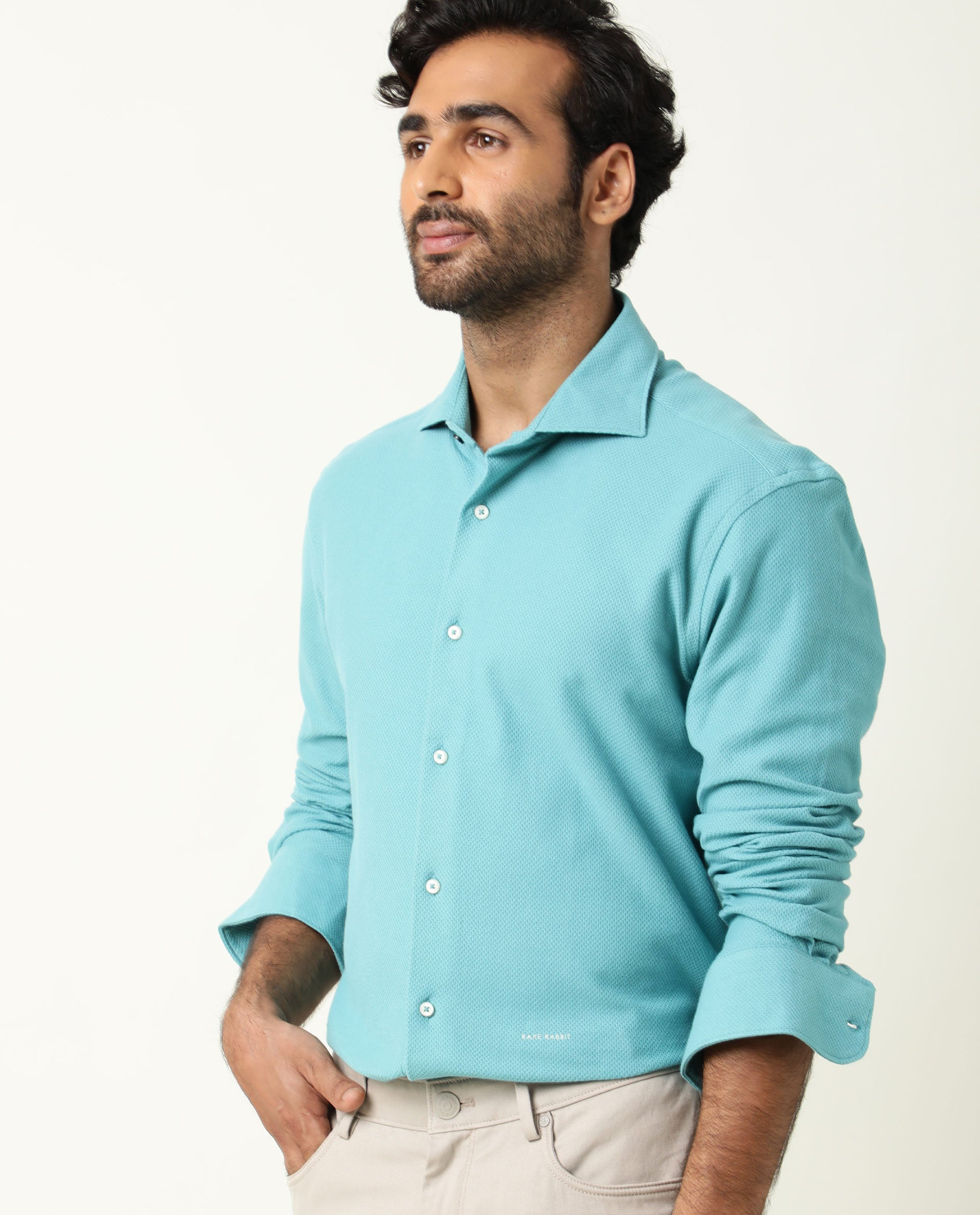 Rare Rabbit Men's Venezya Turq Cotton Plain Regular Fit Full Sleeve Collared Shirt