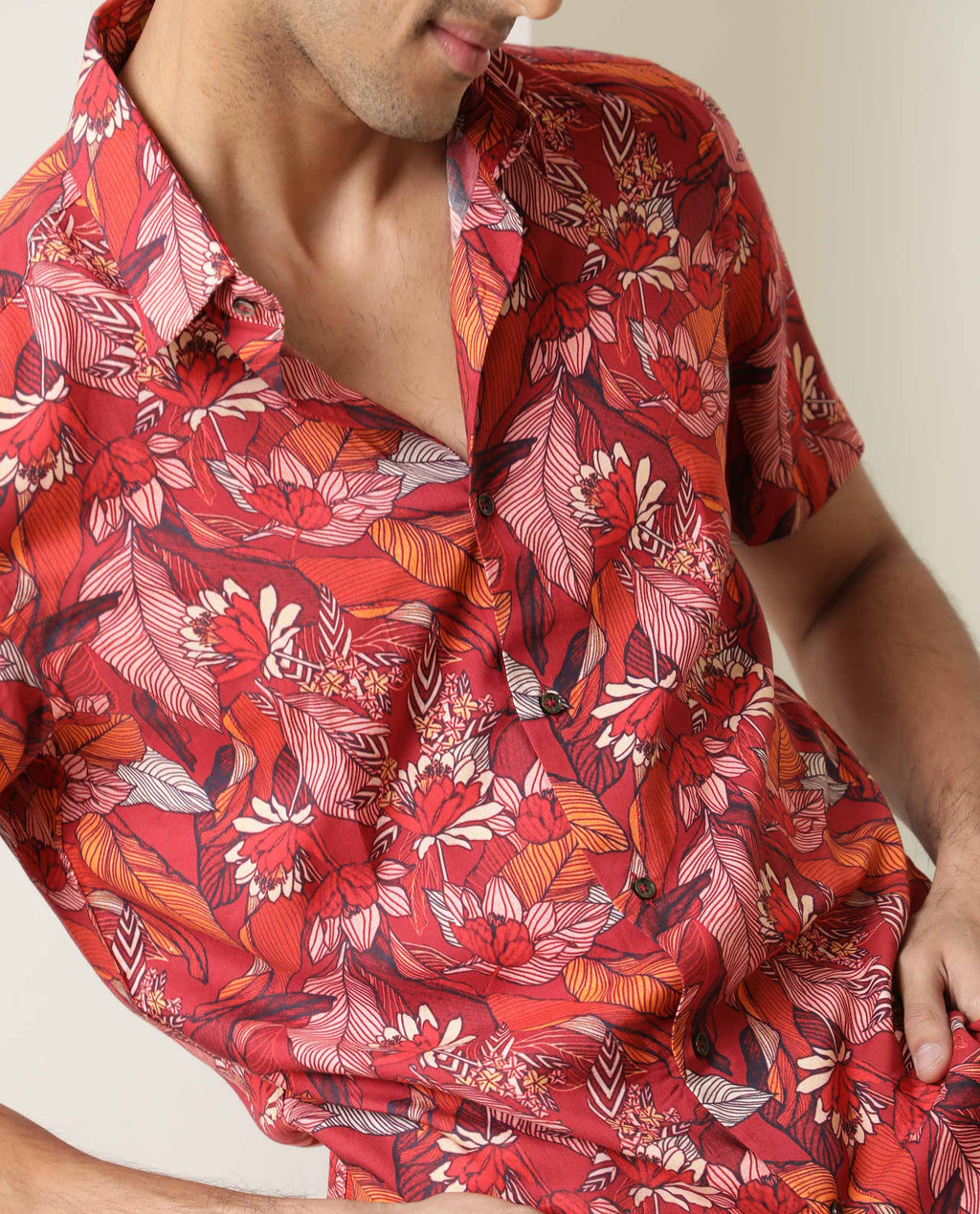 Rare Rabbit Men's Sinq Red Viscose Floral Print Regular Fit Half Sleeve Collared Shirt