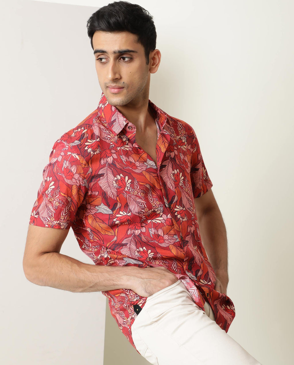 Rare Rabbit Men's Sinq Red Viscose Floral Print Regular Fit Half Sleeve Collared Shirt