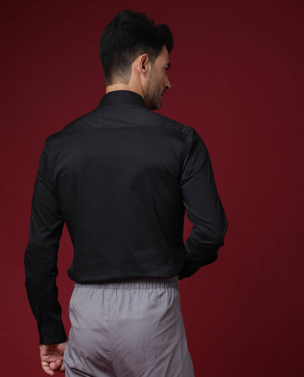 Rare Rabbit Men's Cox Black Polyester Plain Regular Fit Full Sleeve Mandarin Collar Shirt