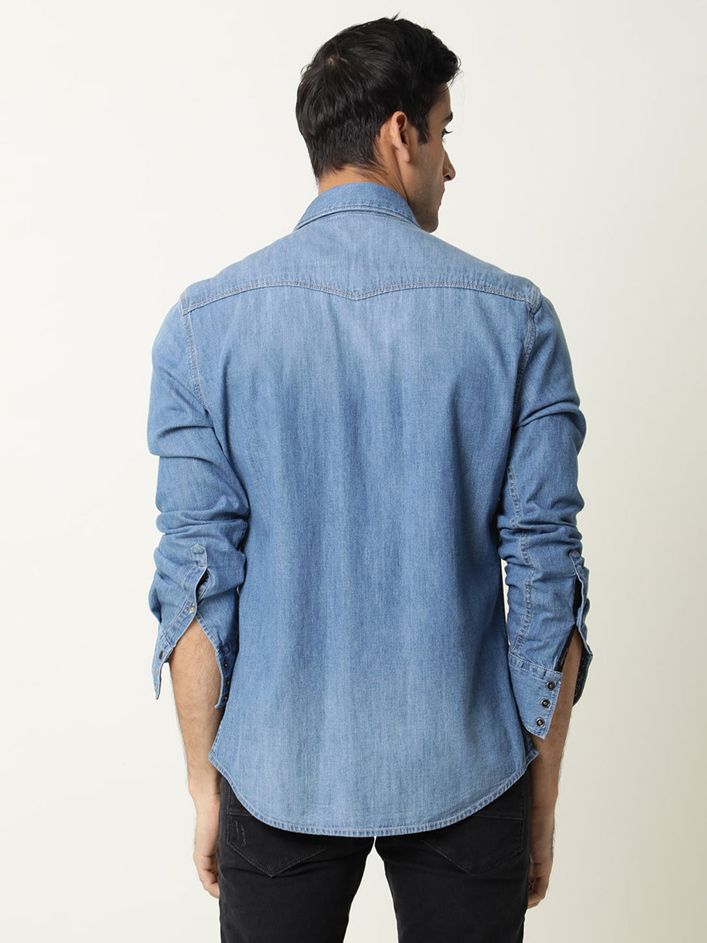 Rare Rabbit Men's Taison Light Blue Cotton Plain Regular Fit Full Sleeve Spread Collar Shirt