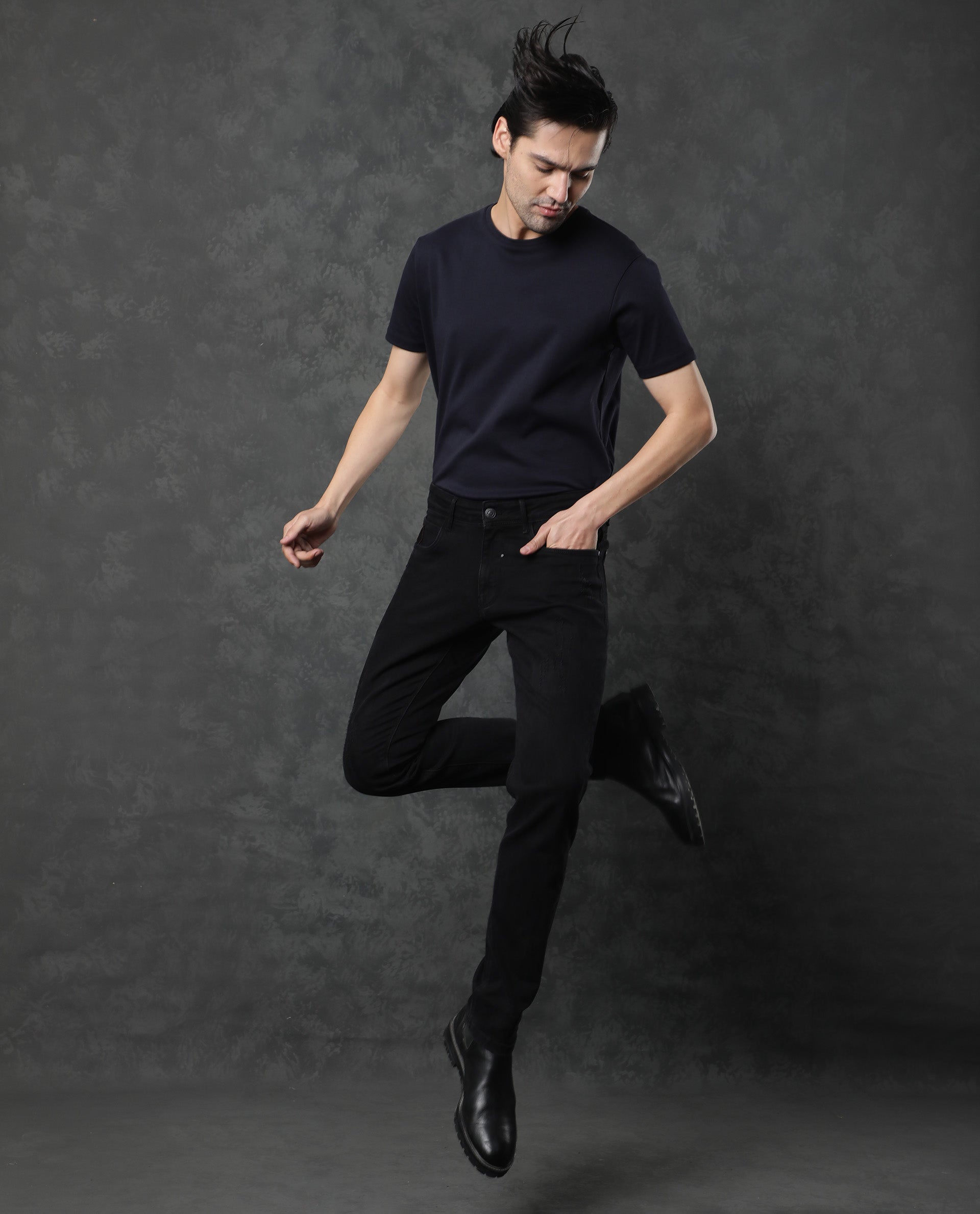 Rare Rabbit Men's Astra Black Cotton Plain Hawk Slim Fit Jeans