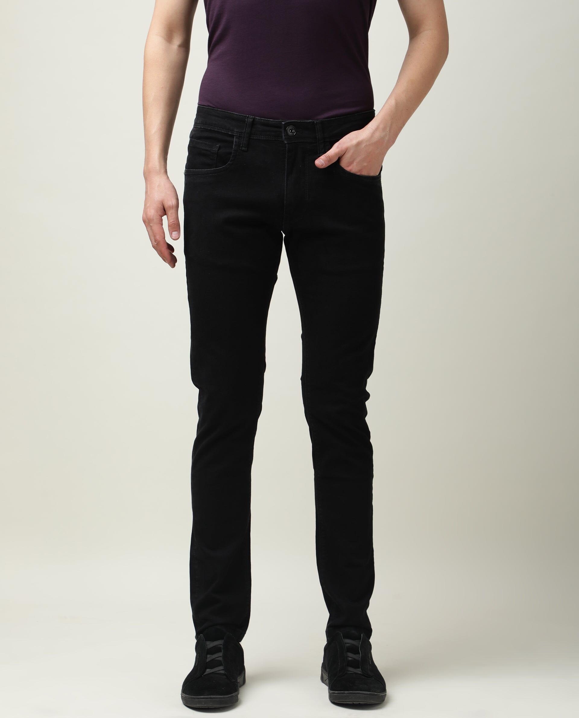 Rare Rabbit Men's Double Black 2 Black Cotton Plain Hawk Slim Fit Jeans