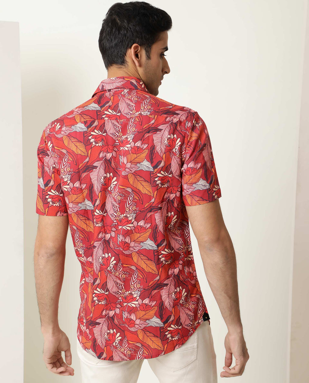 Rare Rabbit Men's Sinq Red Viscose Floral Print Regular Fit Half Sleeve Collared Shirt