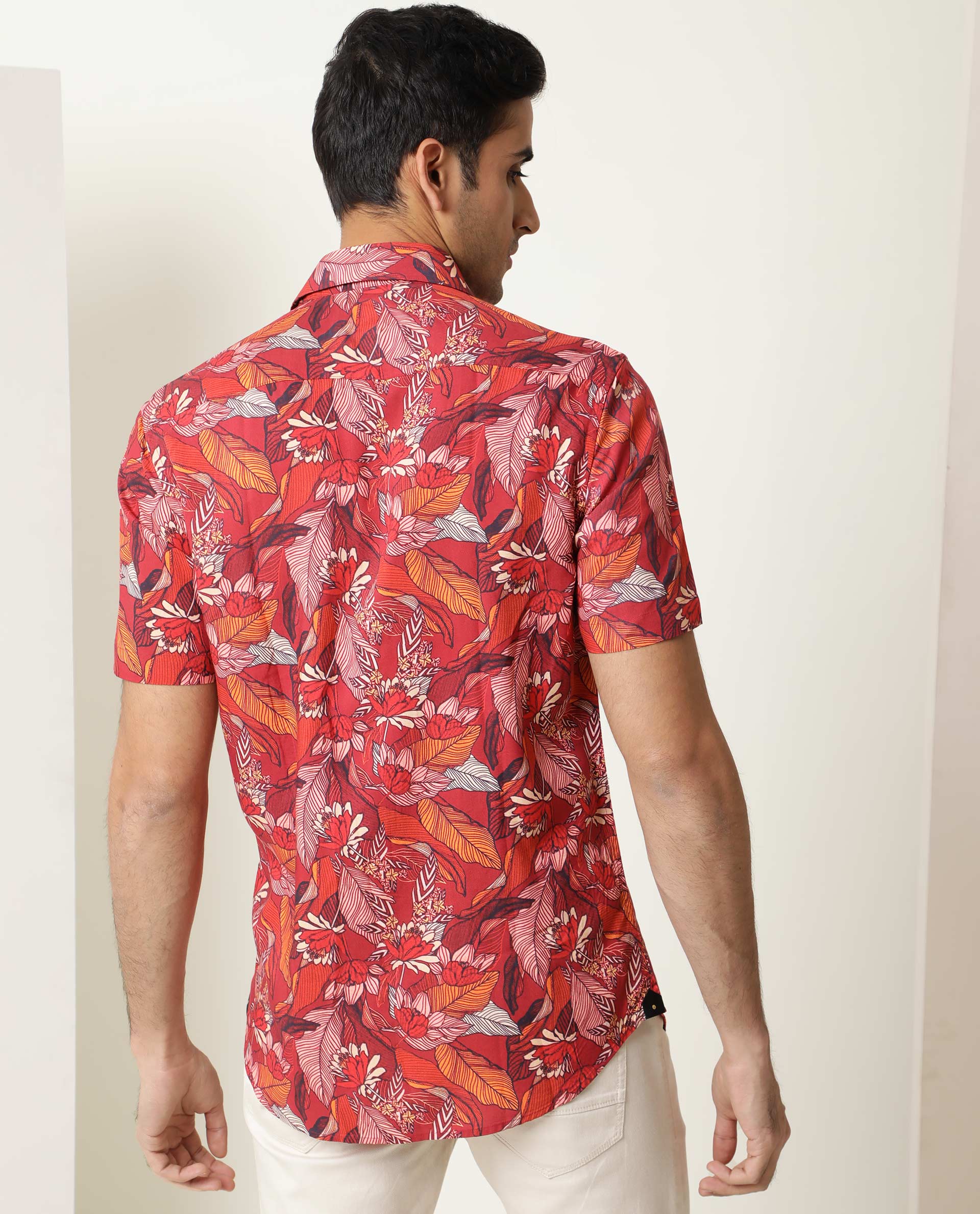 Rare Rabbit Men's Sinq Red Viscose Floral Print Regular Fit Half Sleeve Collared Shirt