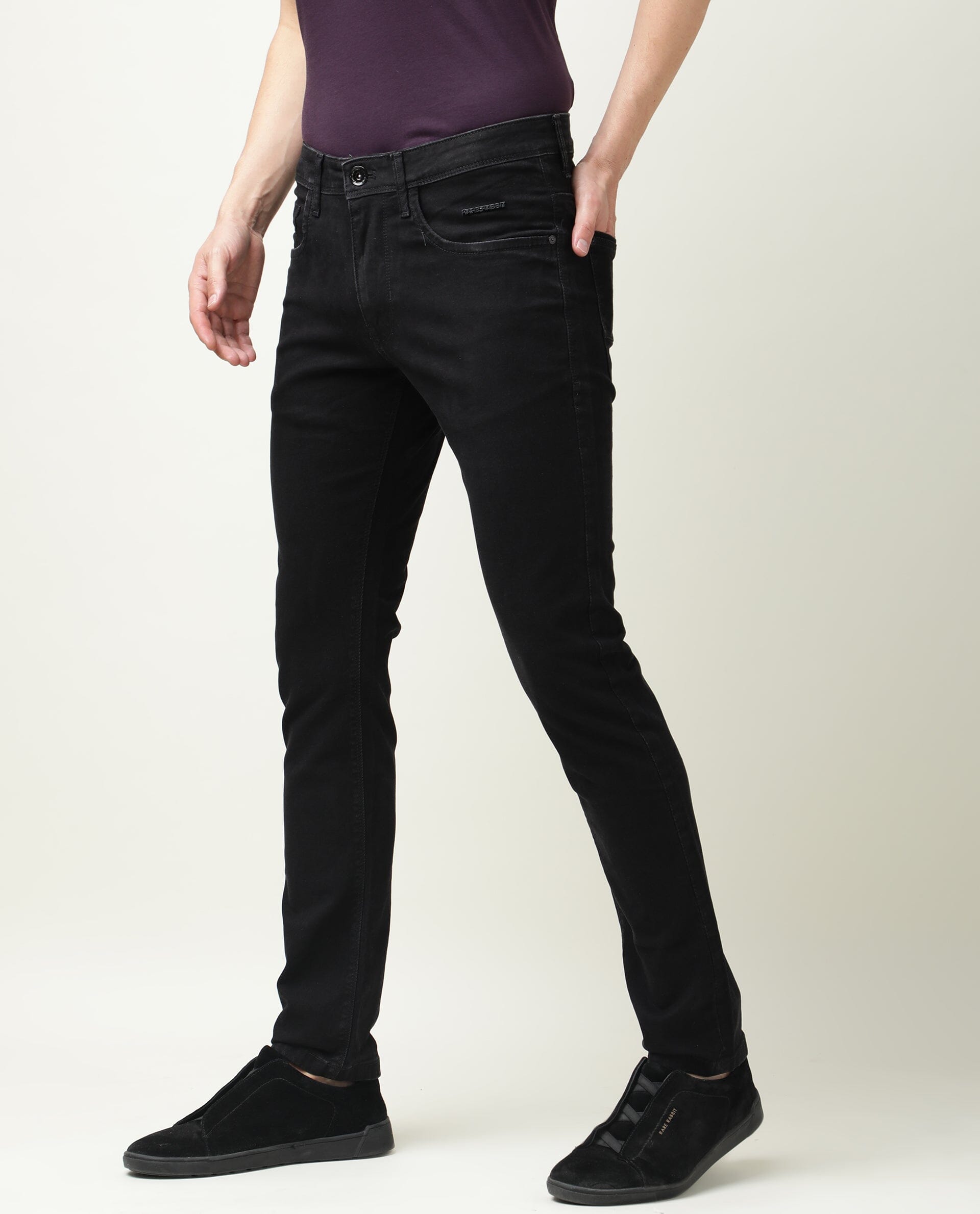 Rare Rabbit Men's Double Black 2 Black Cotton Plain Hawk Slim Fit Jeans