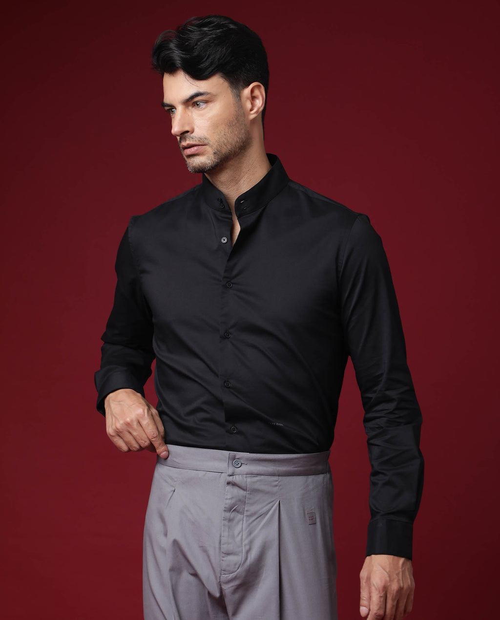 Rare Rabbit Men's Cox Black Polyester Plain Regular Fit Full Sleeve Mandarin Collar Shirt