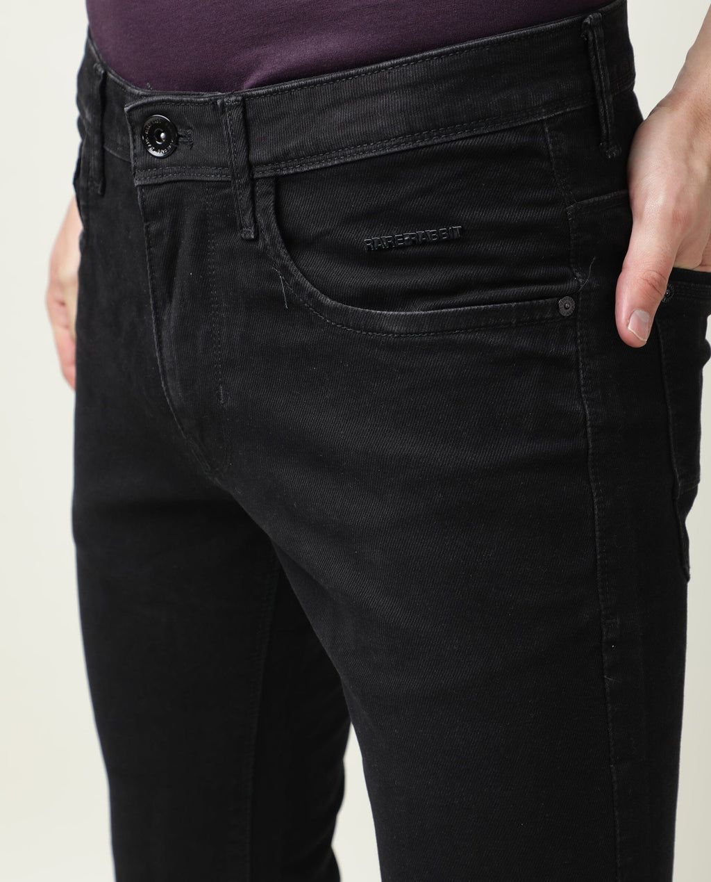 Rare Rabbit Men's Double Black 2 Black Cotton Plain Hawk Slim Fit Jeans