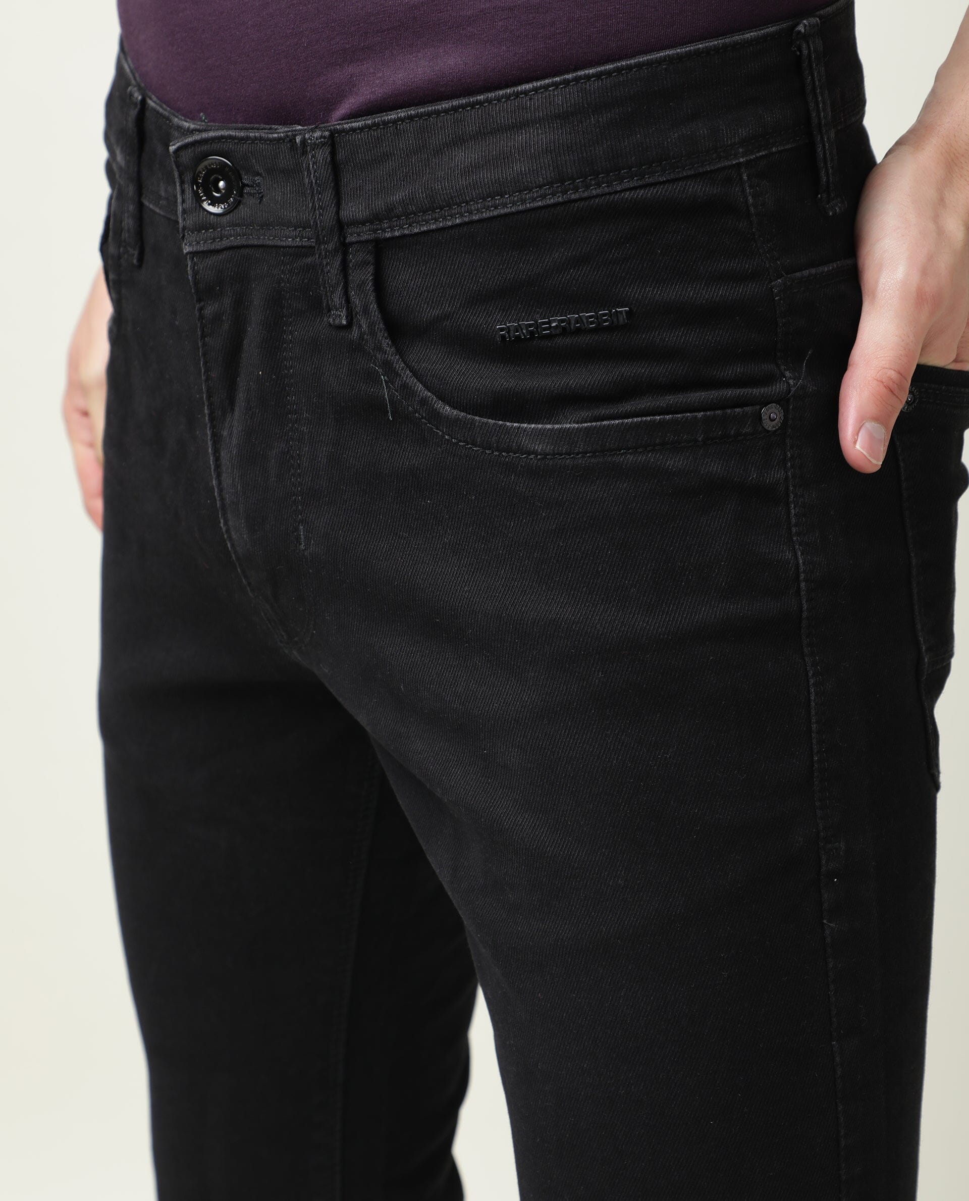 Rare Rabbit Men's Double Black 2 Black Cotton Plain Hawk Slim Fit Jeans