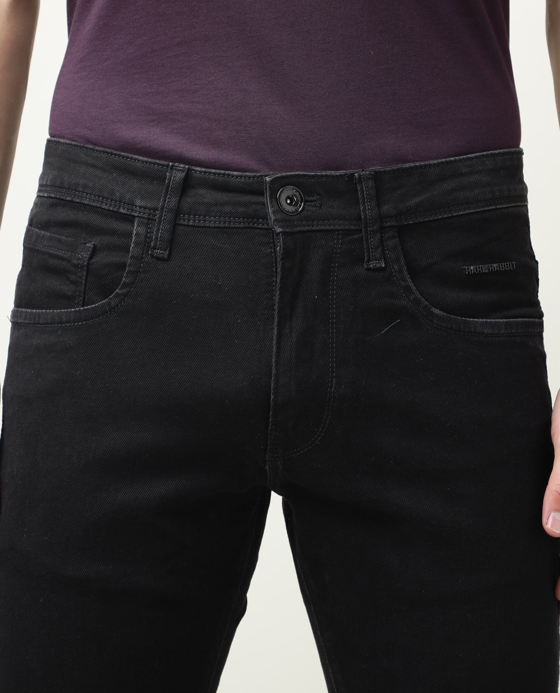 Rare Rabbit Men's Double Black Cotton Plain Hawk Slim Fit Jeans