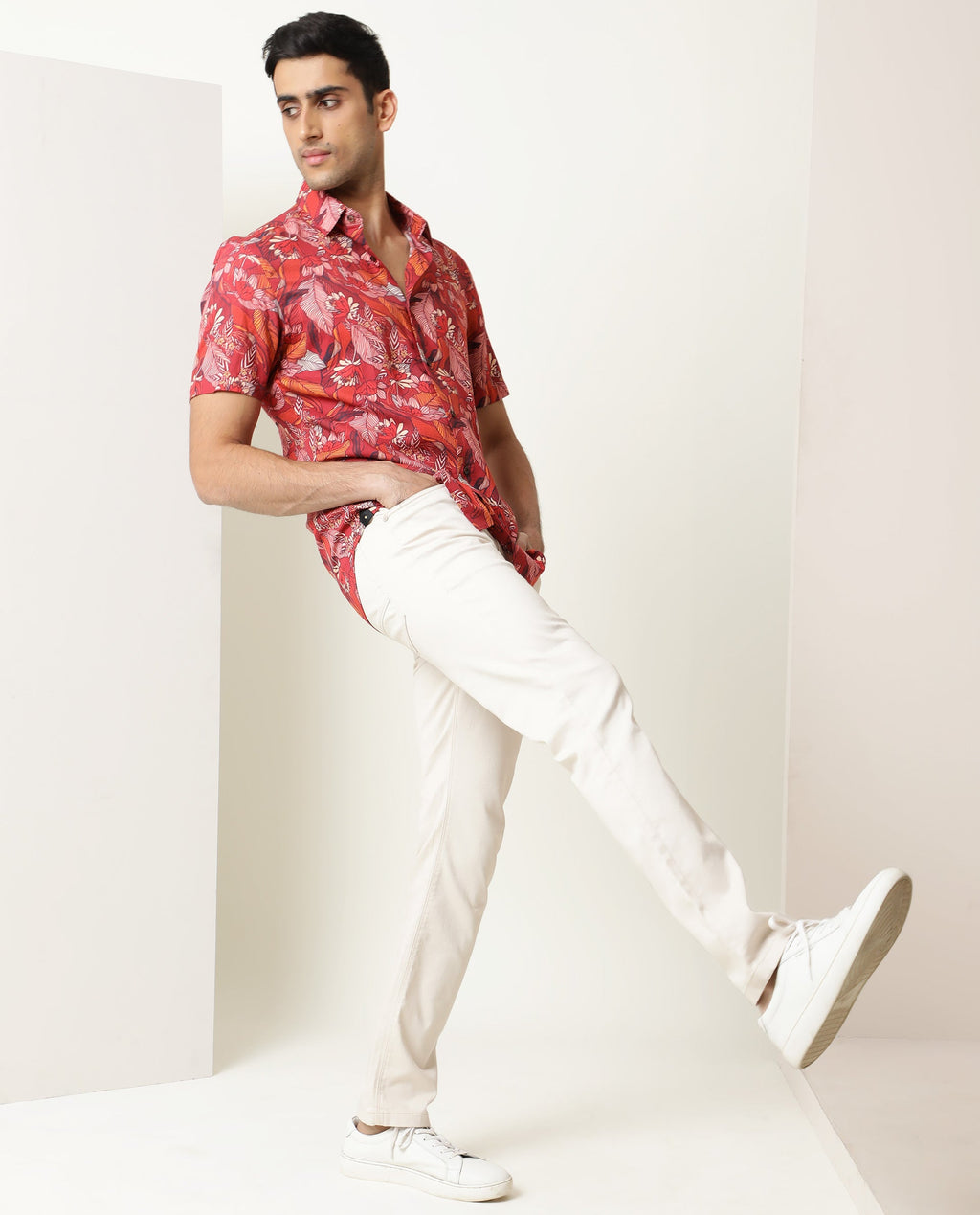Rare Rabbit Men's Sinq Red Viscose Floral Print Regular Fit Half Sleeve Collared Shirt